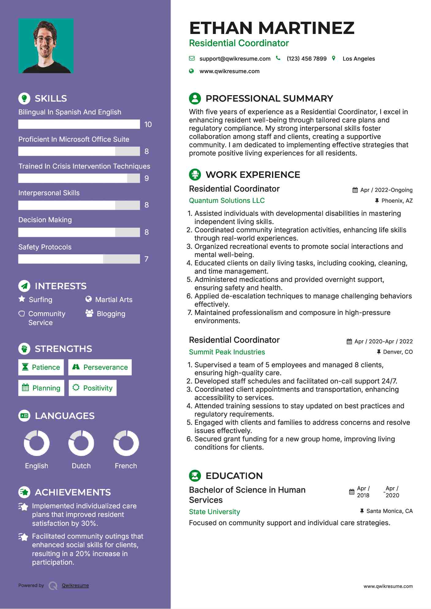Residential Coordinator Resume Sample