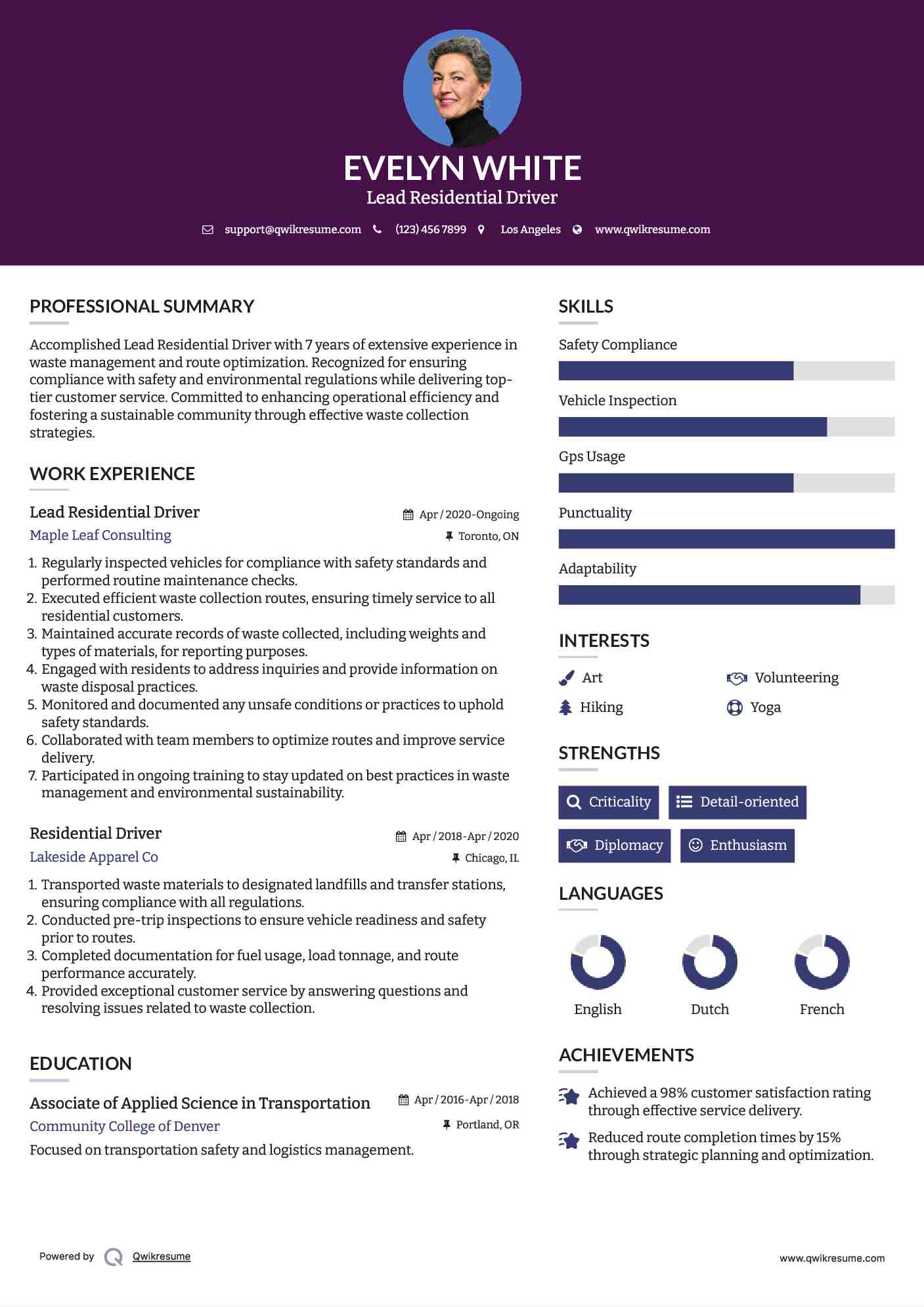 Lead Residential Driver Resume Template