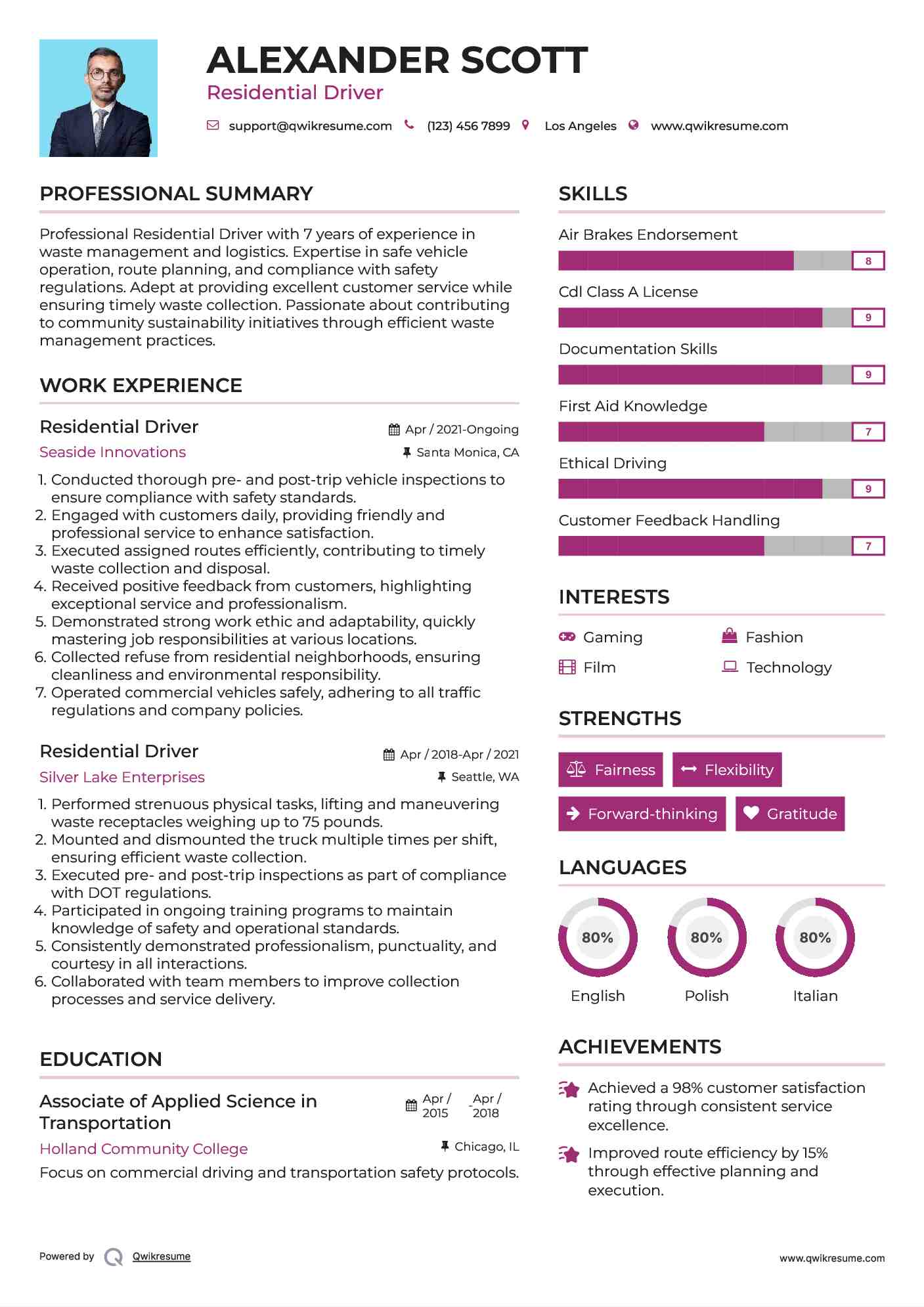 Residential Driver Resume Model