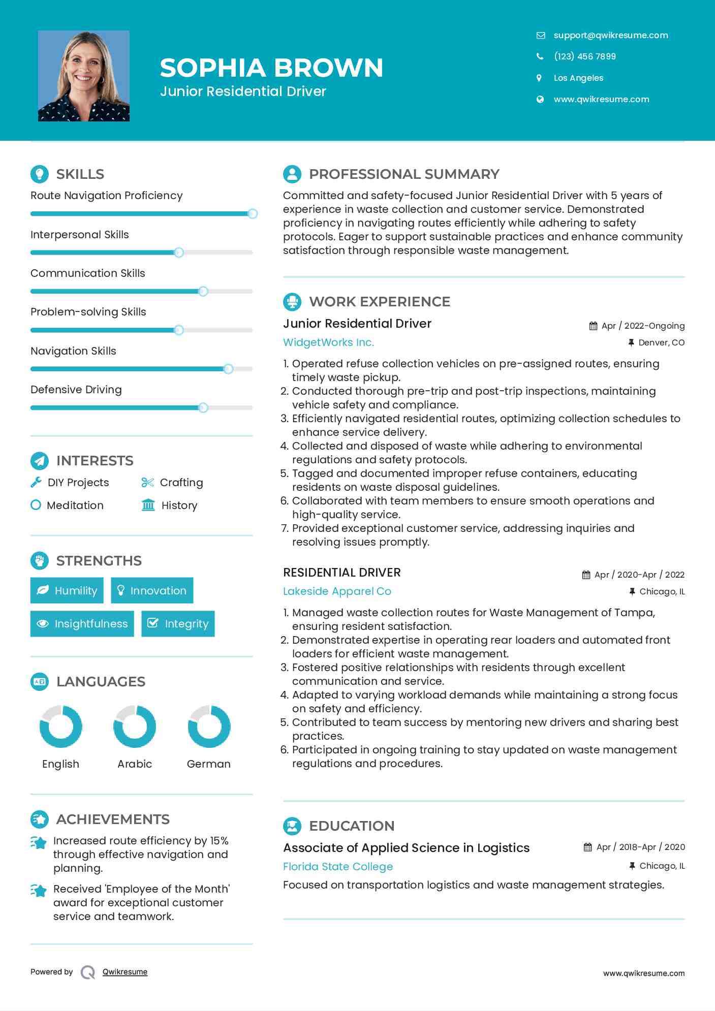 Junior Residential Driver Resume Sample