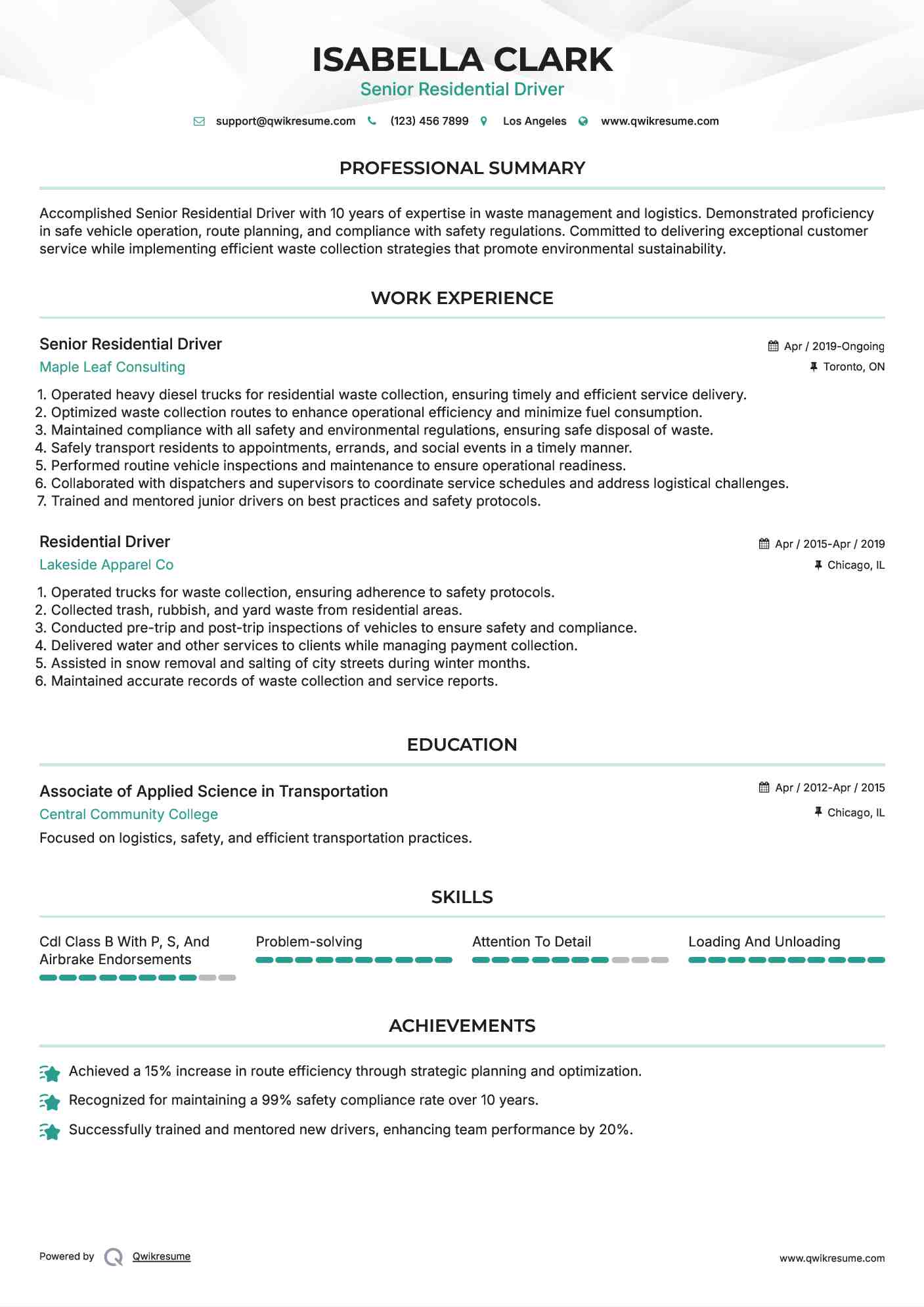 Senior Residential Driver Resume Model