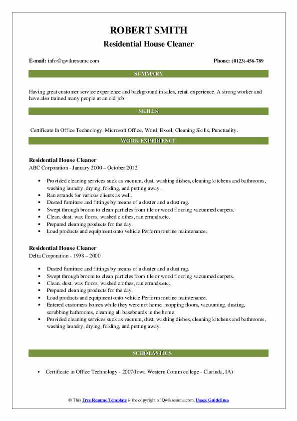 Residential House Cleaner Resume Samples QwikResume