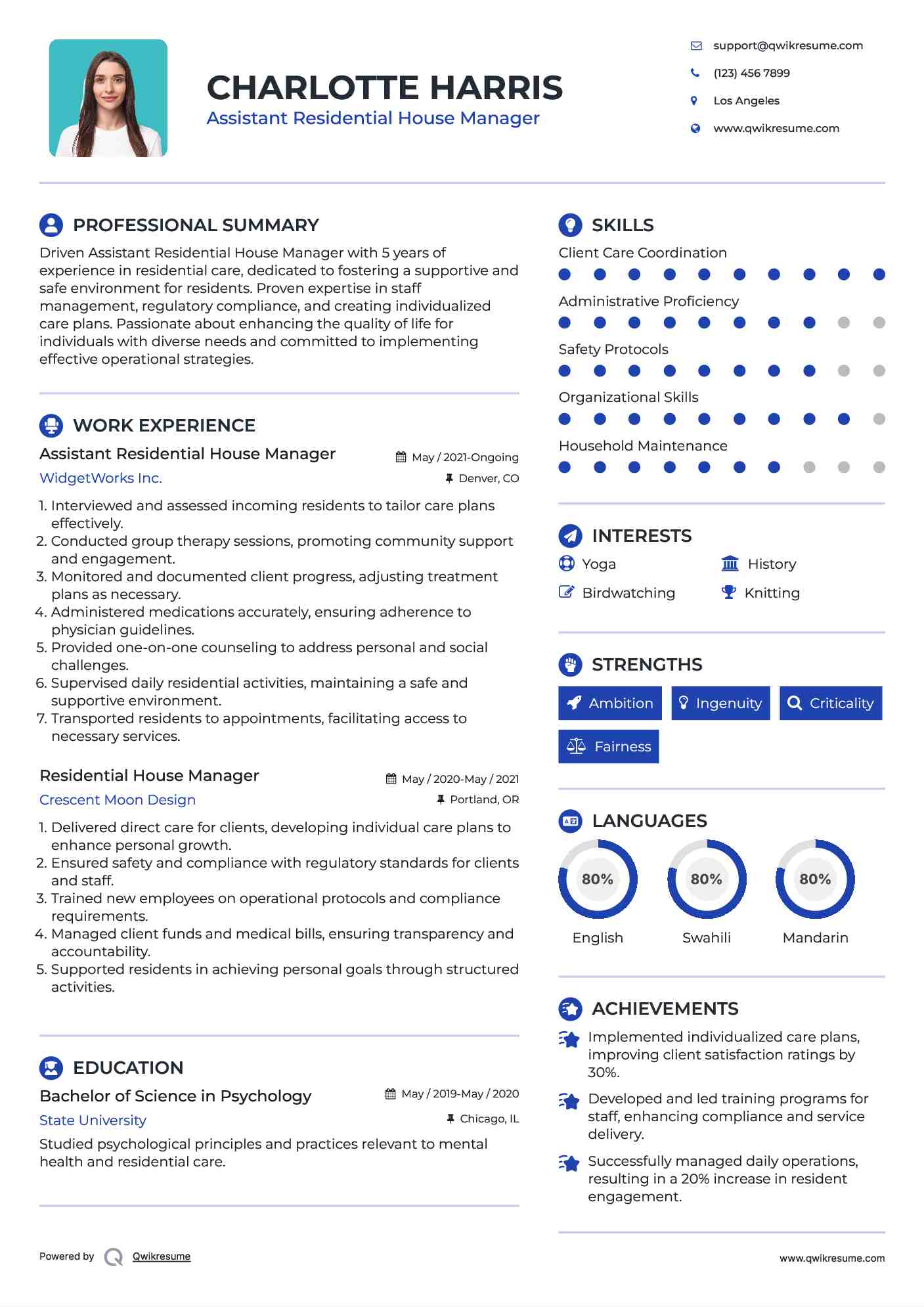 Assistant Residential House Manager Resume Sample