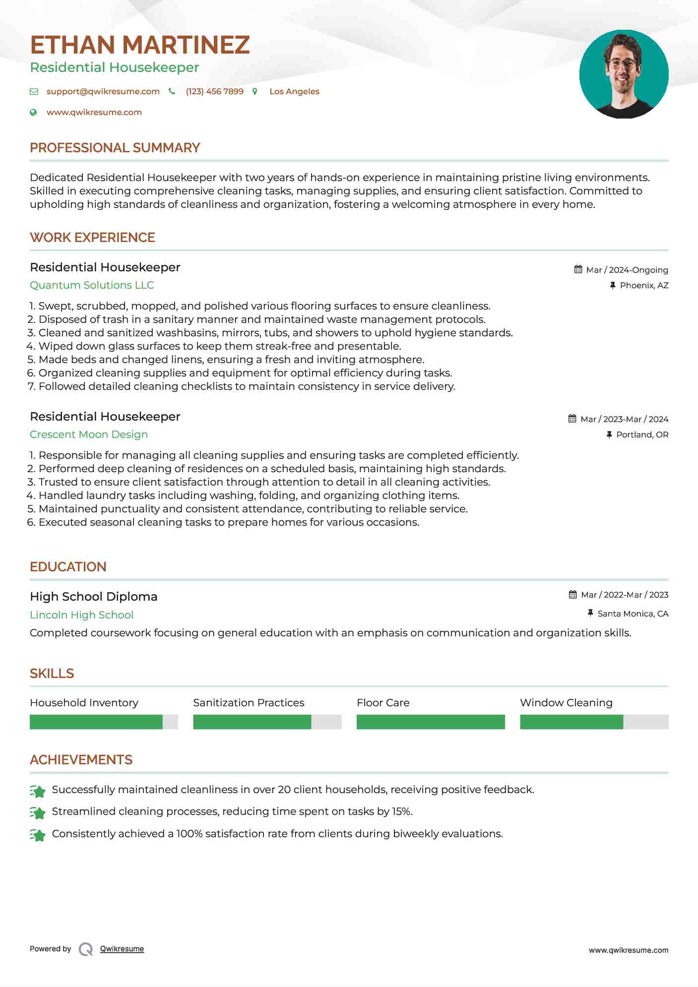 Residential Housekeeper Resume Example