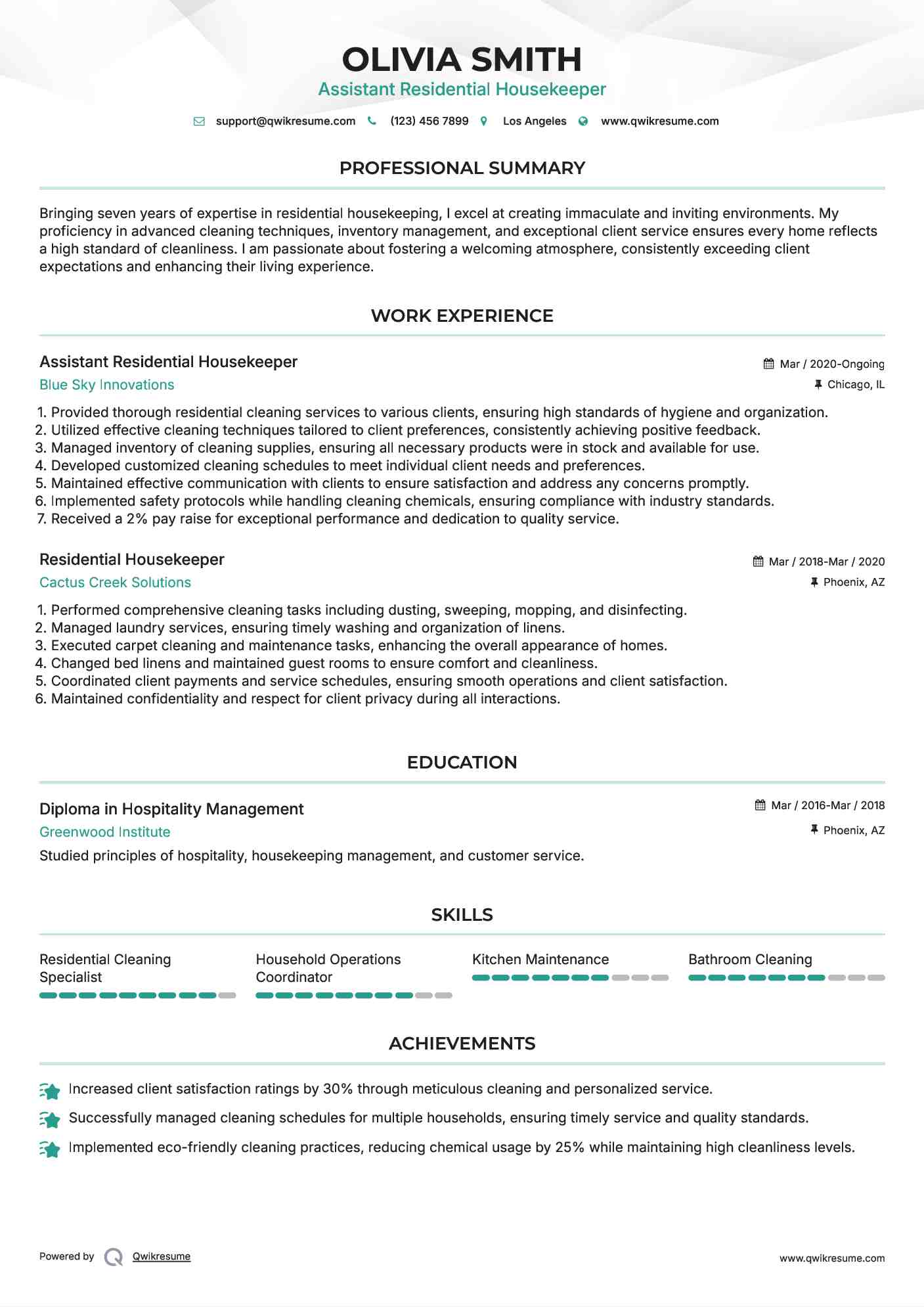 Assistant Residential Housekeeper Resume Format