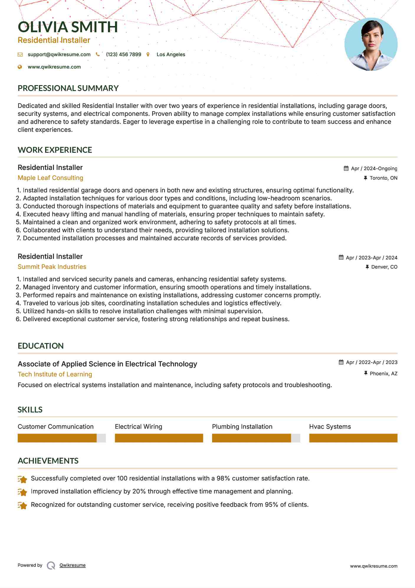 Residential Installer Resume Example