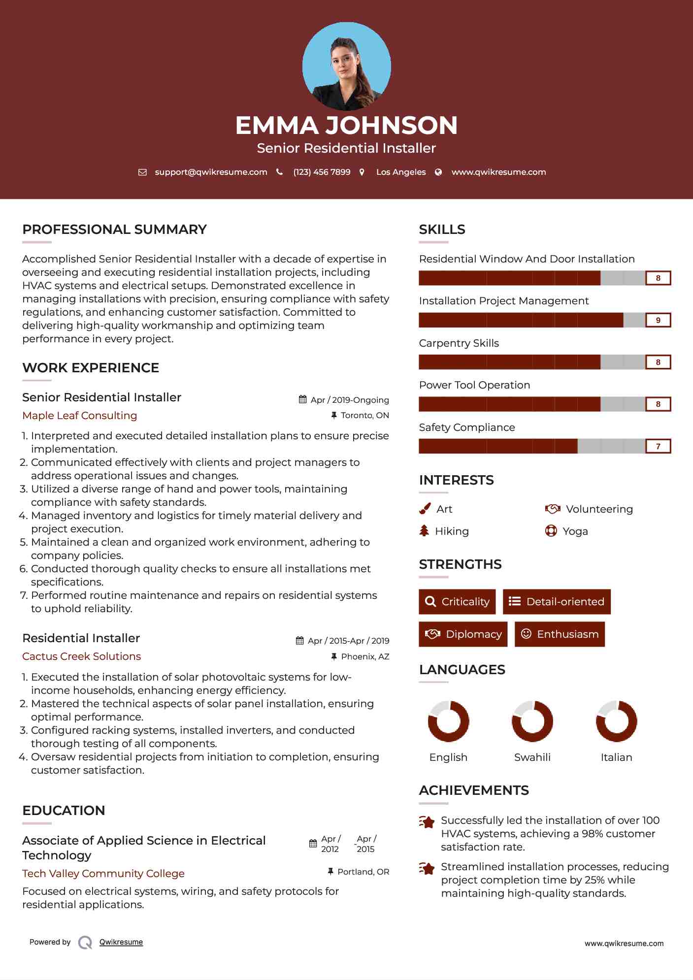 Senior Residential Installer Resume Model