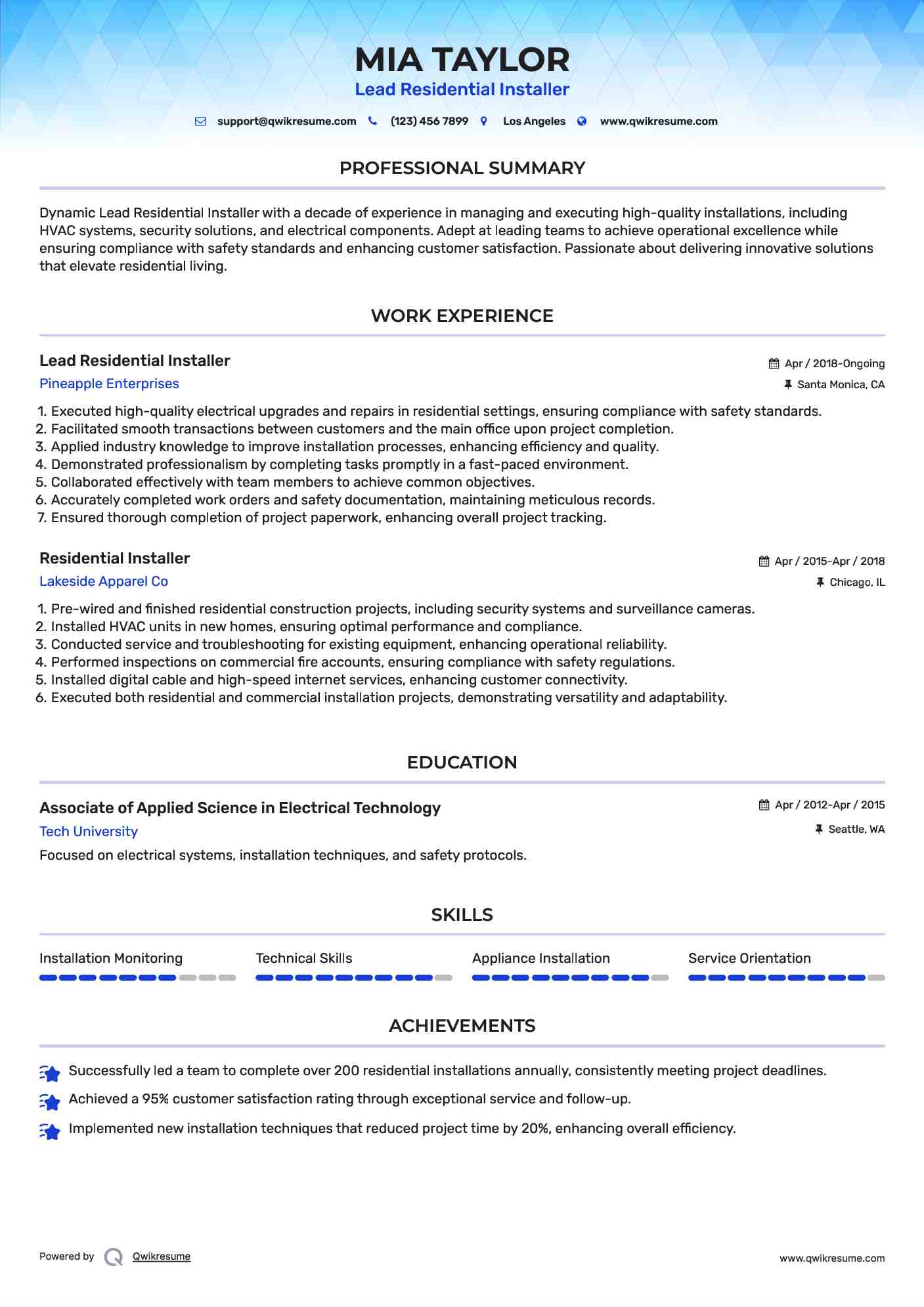 Lead Residential Installer Resume Format