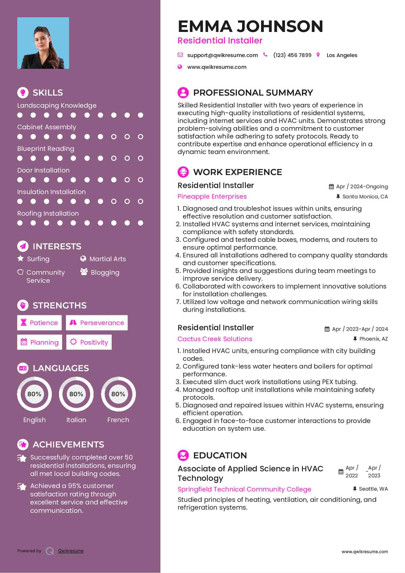 Residential Installer Resume Sample