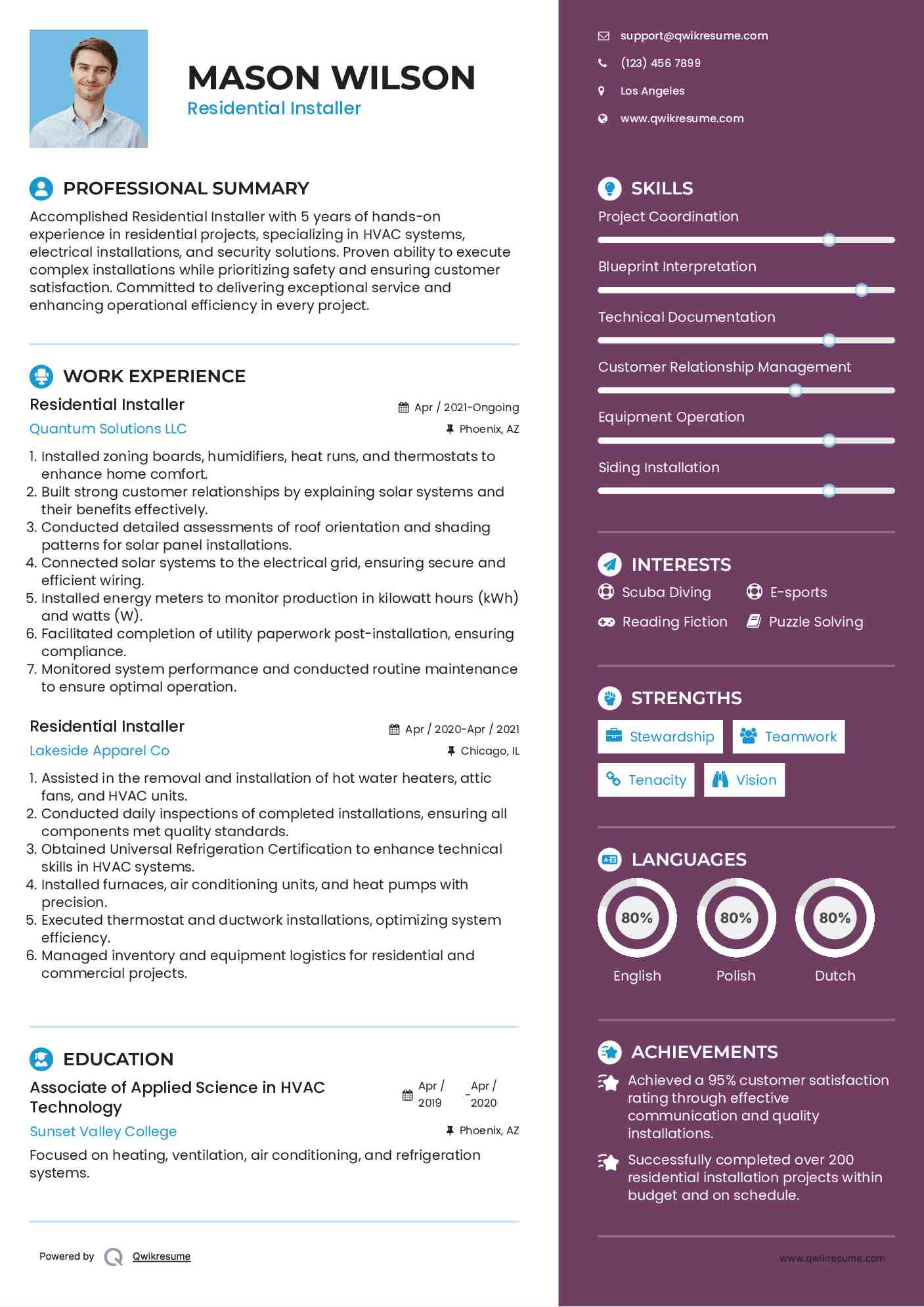 Residential Installer Resume Example