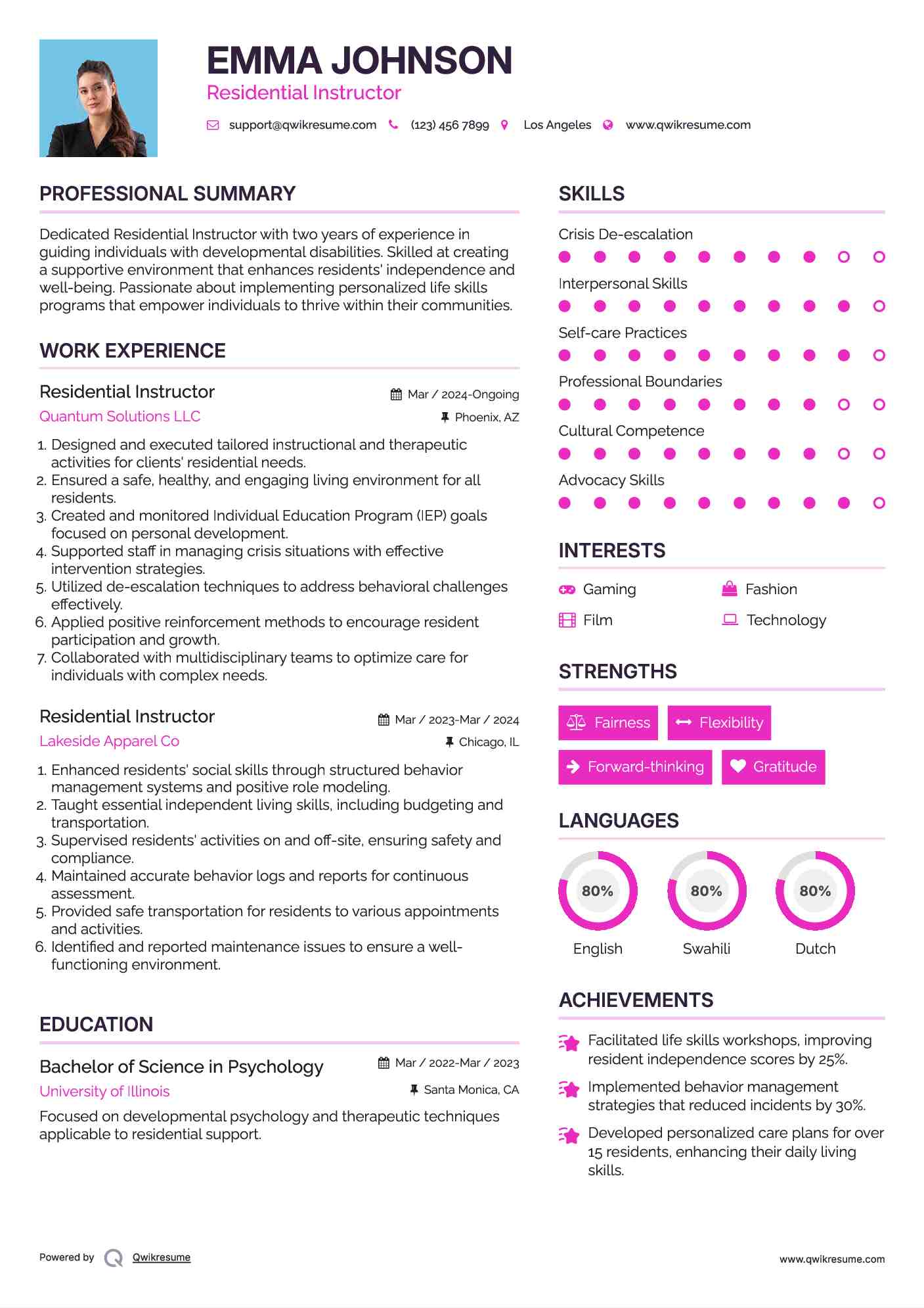 Residential Instructor Resume Model