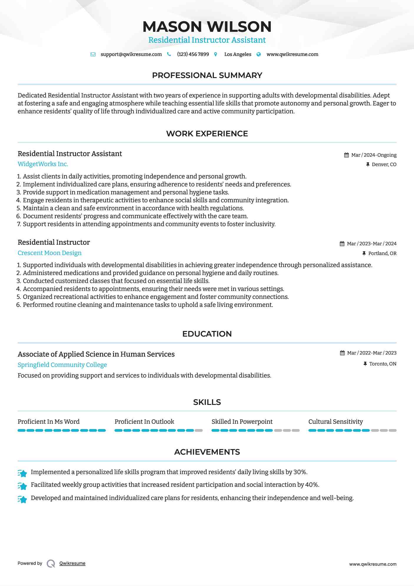 Residential Instructor Assistant Resume Format