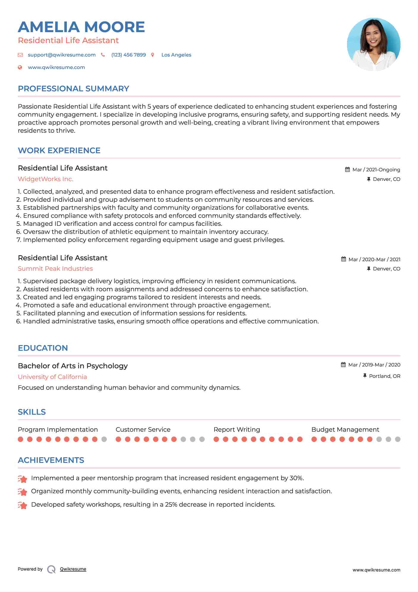 Residential Life Assistant Resume Template