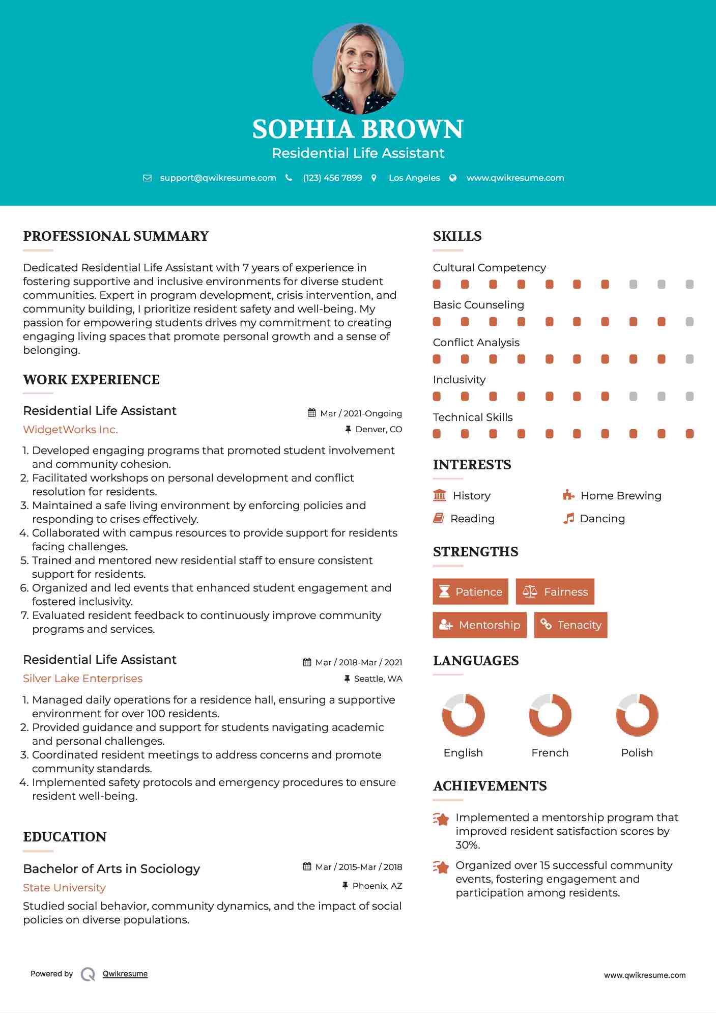 Residential Life Assistant Resume Example