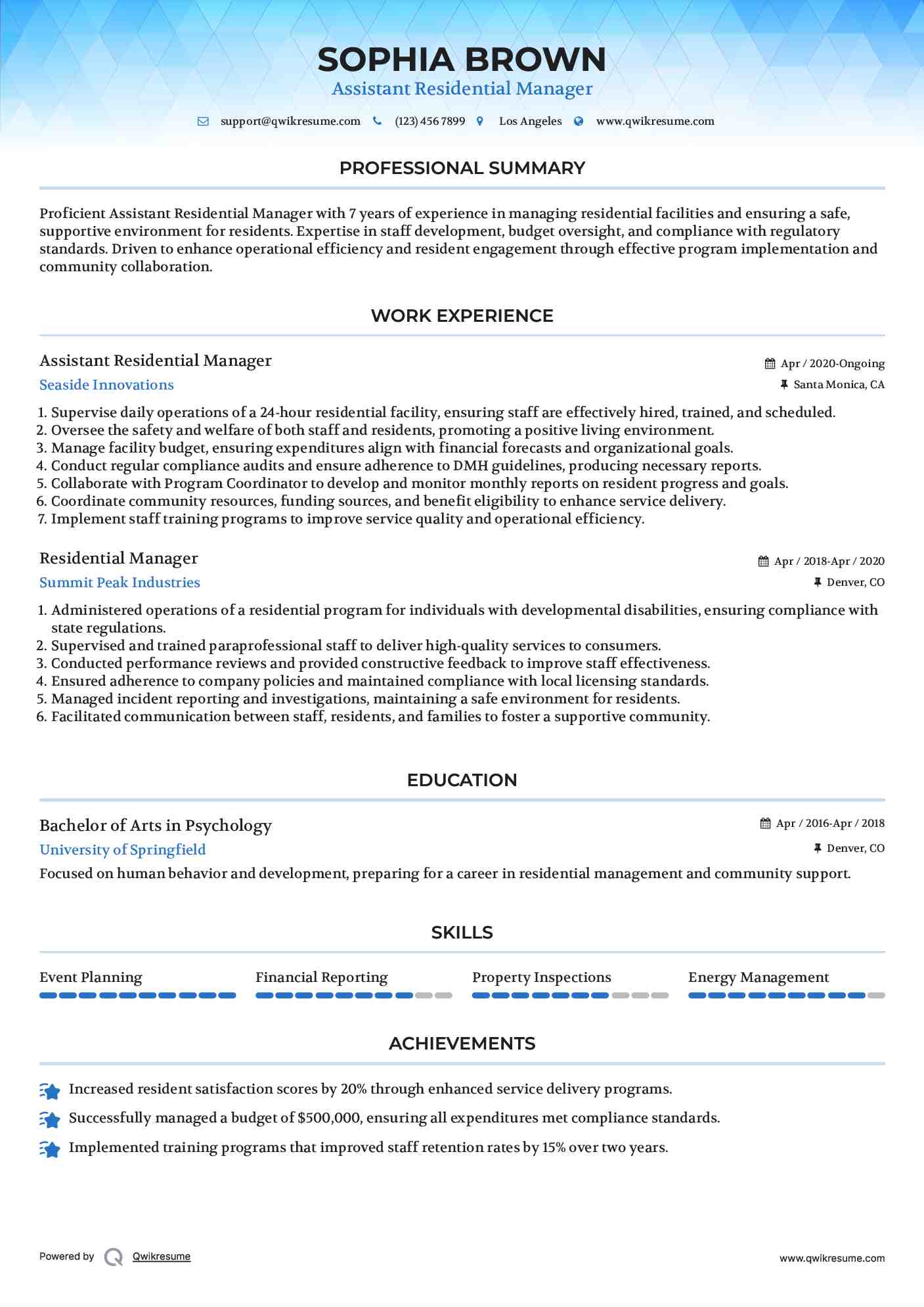 Assistant Residential Manager Resume Sample