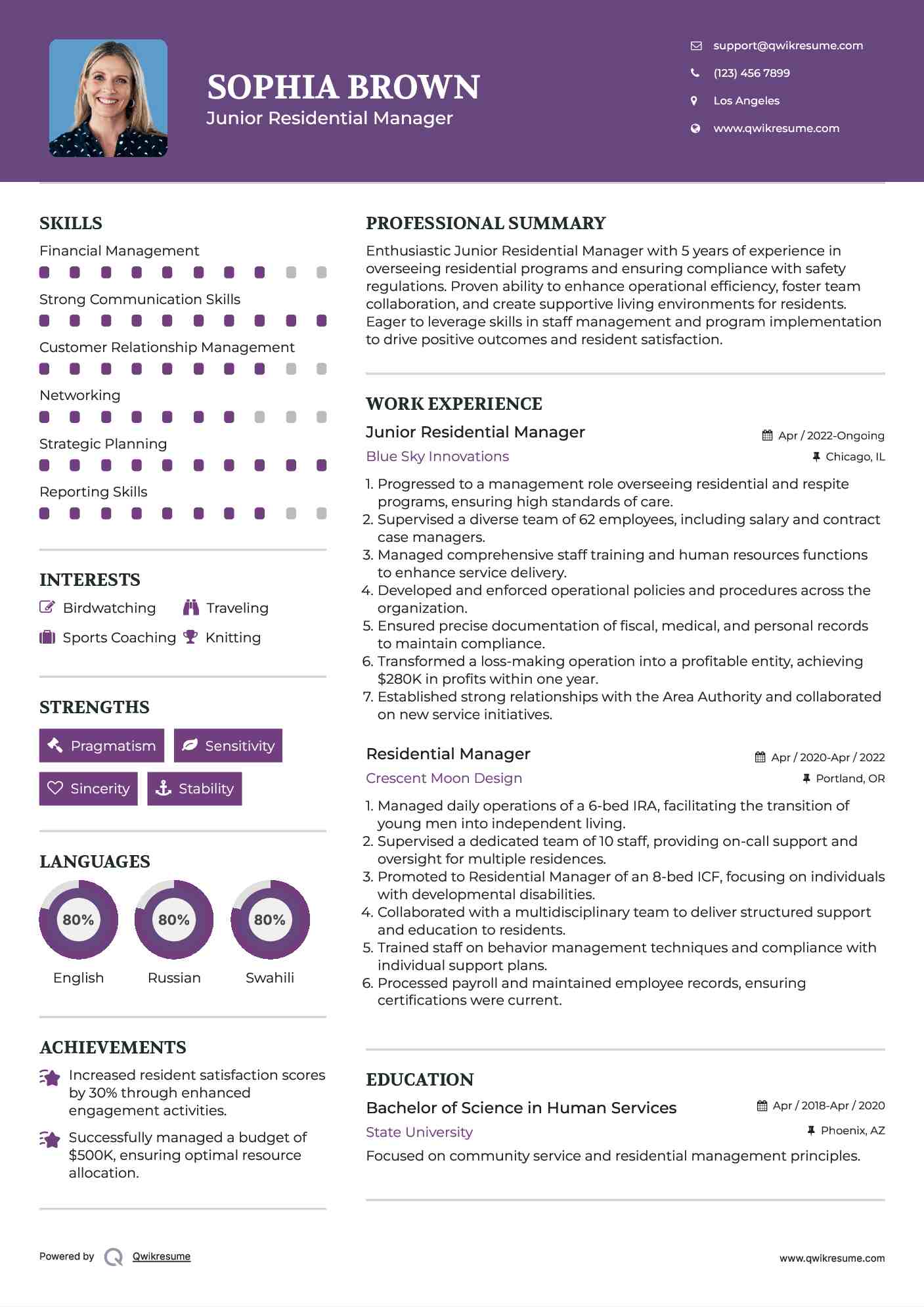 Junior Residential Manager Resume Example