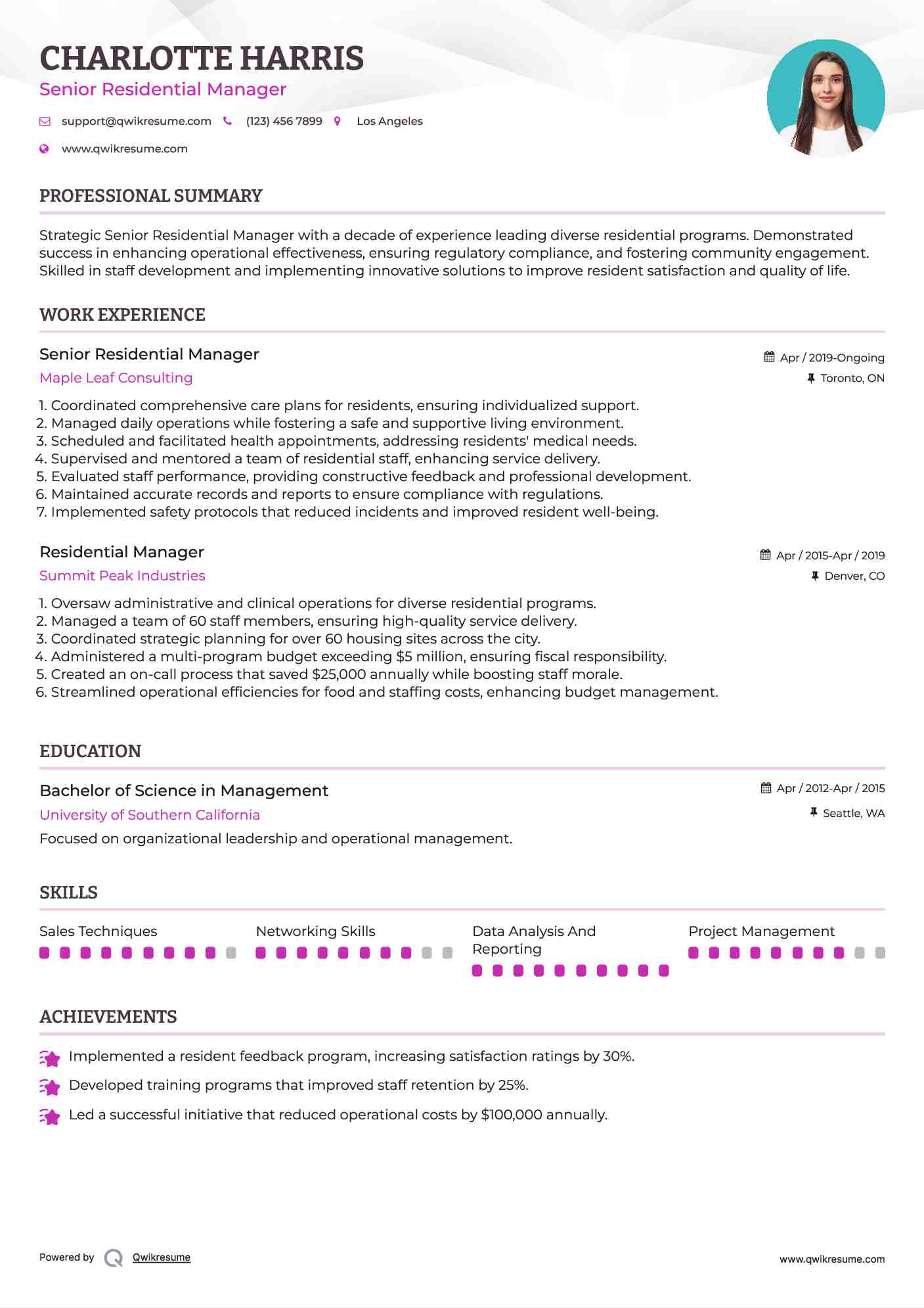 Senior Residential Manager Resume Format