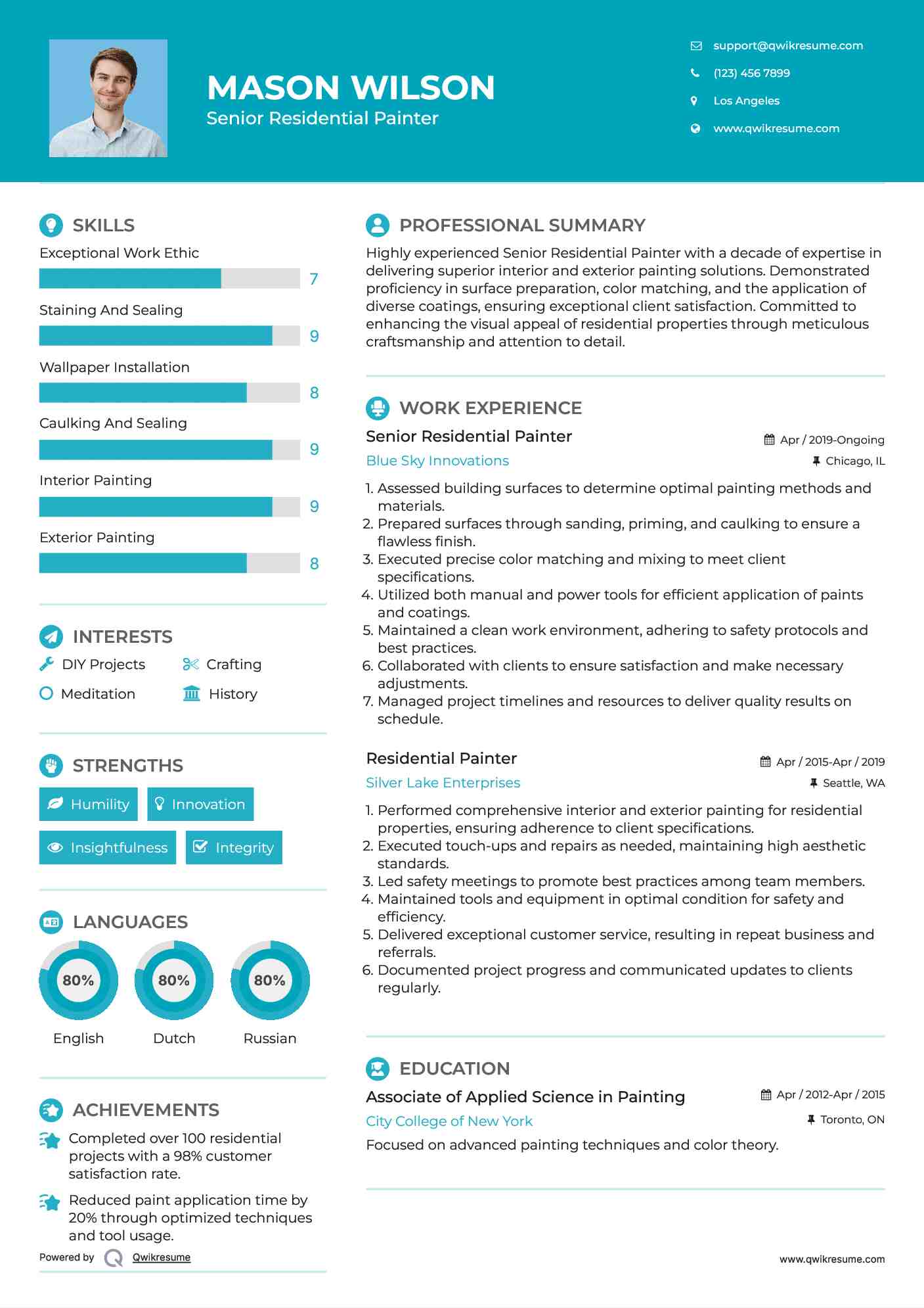 Senior Residential Painter Resume Sample