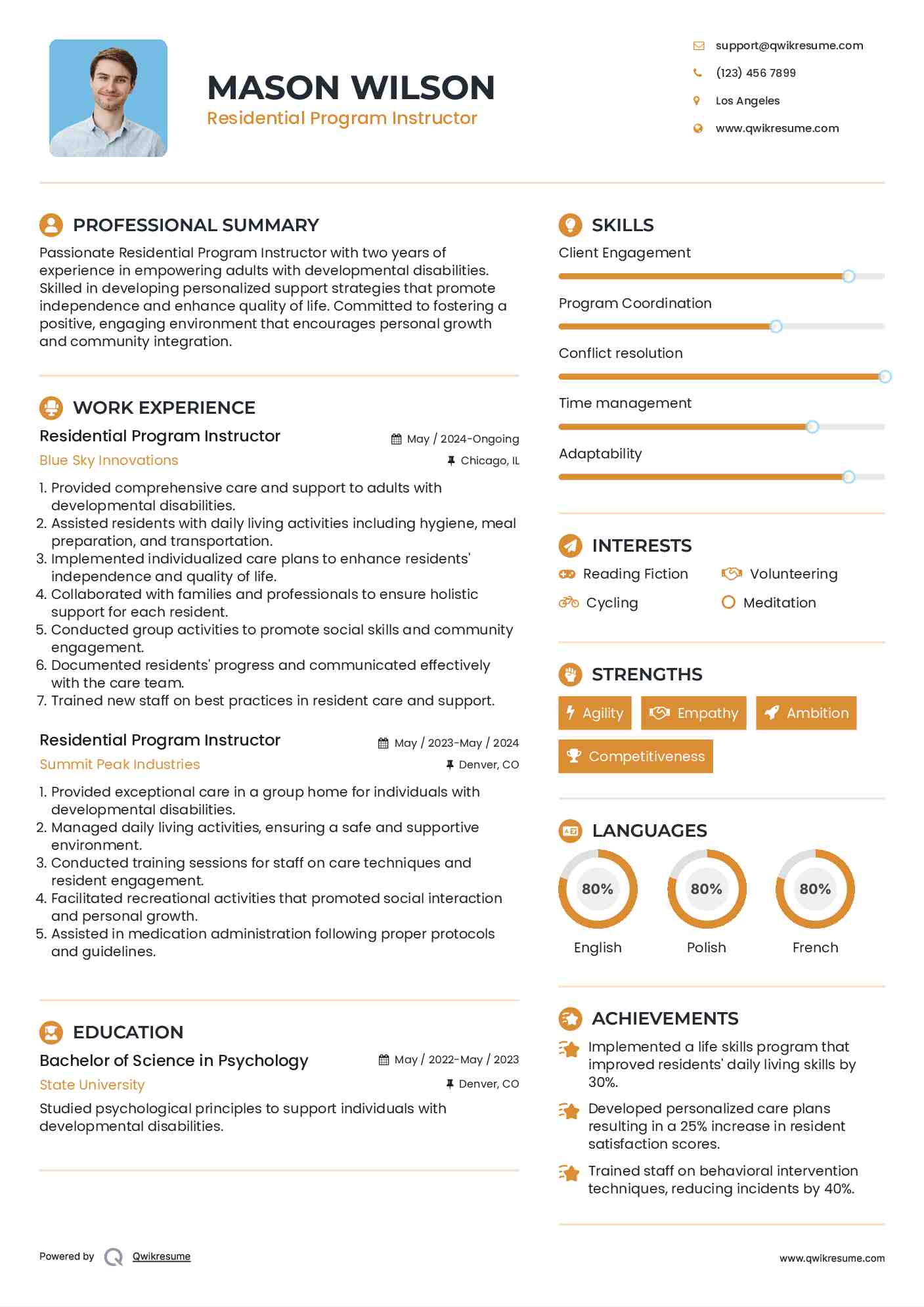 Residential Program Instructor Resume Model