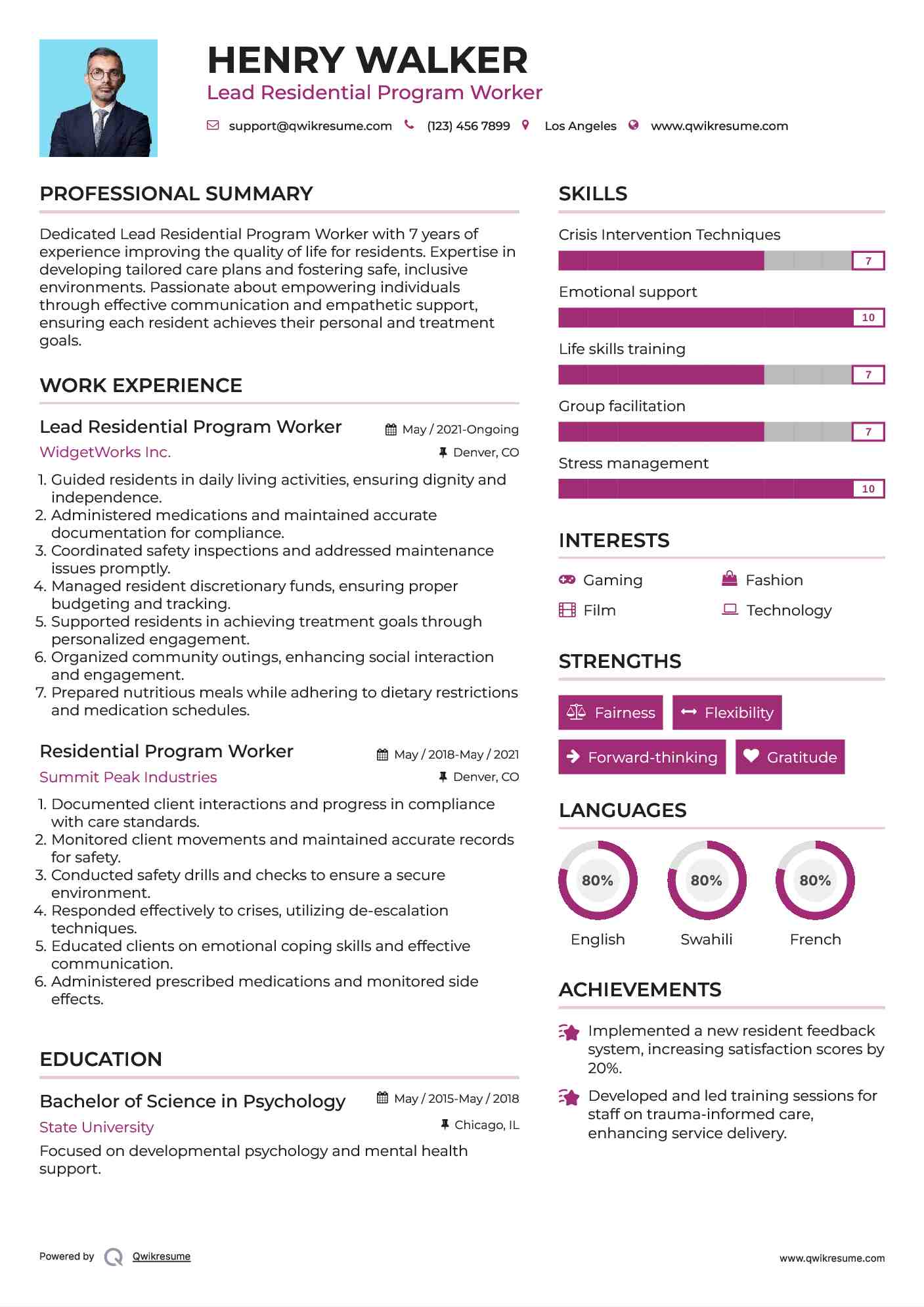 Lead Residential Program Worker Resume Example