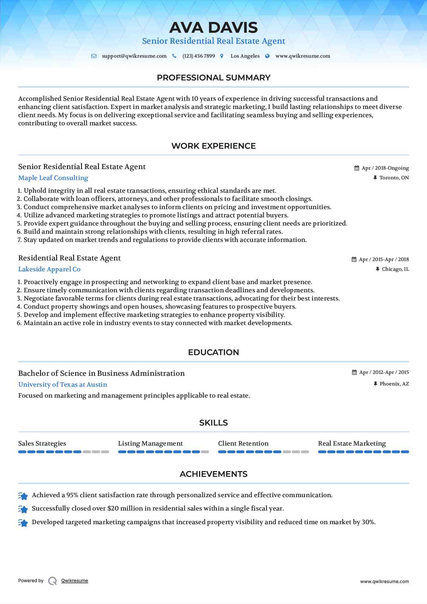 Senior Residential Real Estate Agent Resume Model
