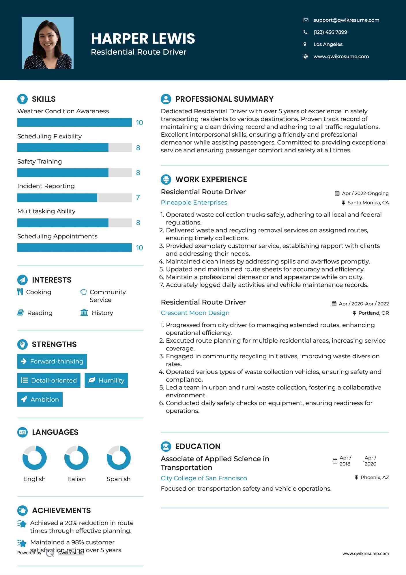 Residential Route Driver Resume Model