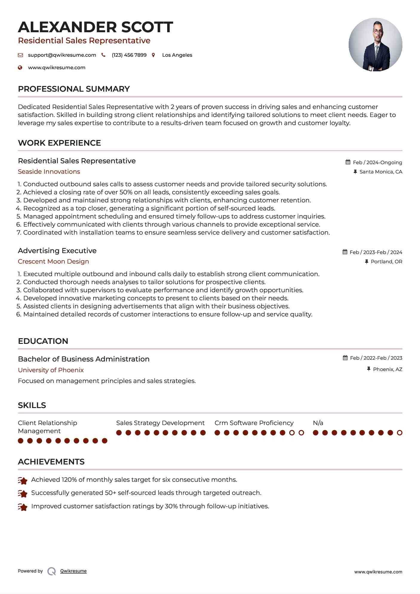 Residential Sales Representative Resume Sample