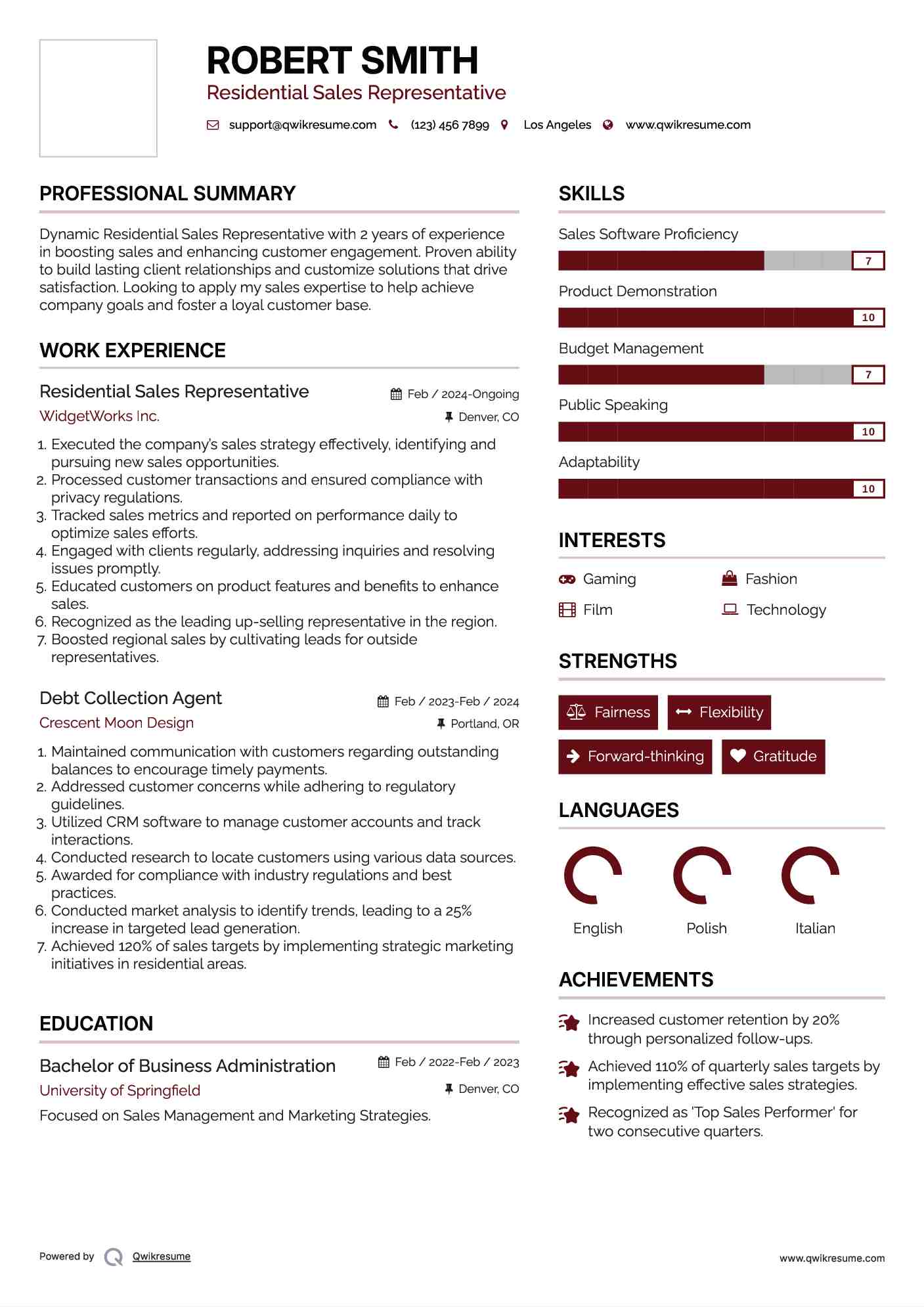 Residential Sales Representative Resume Template