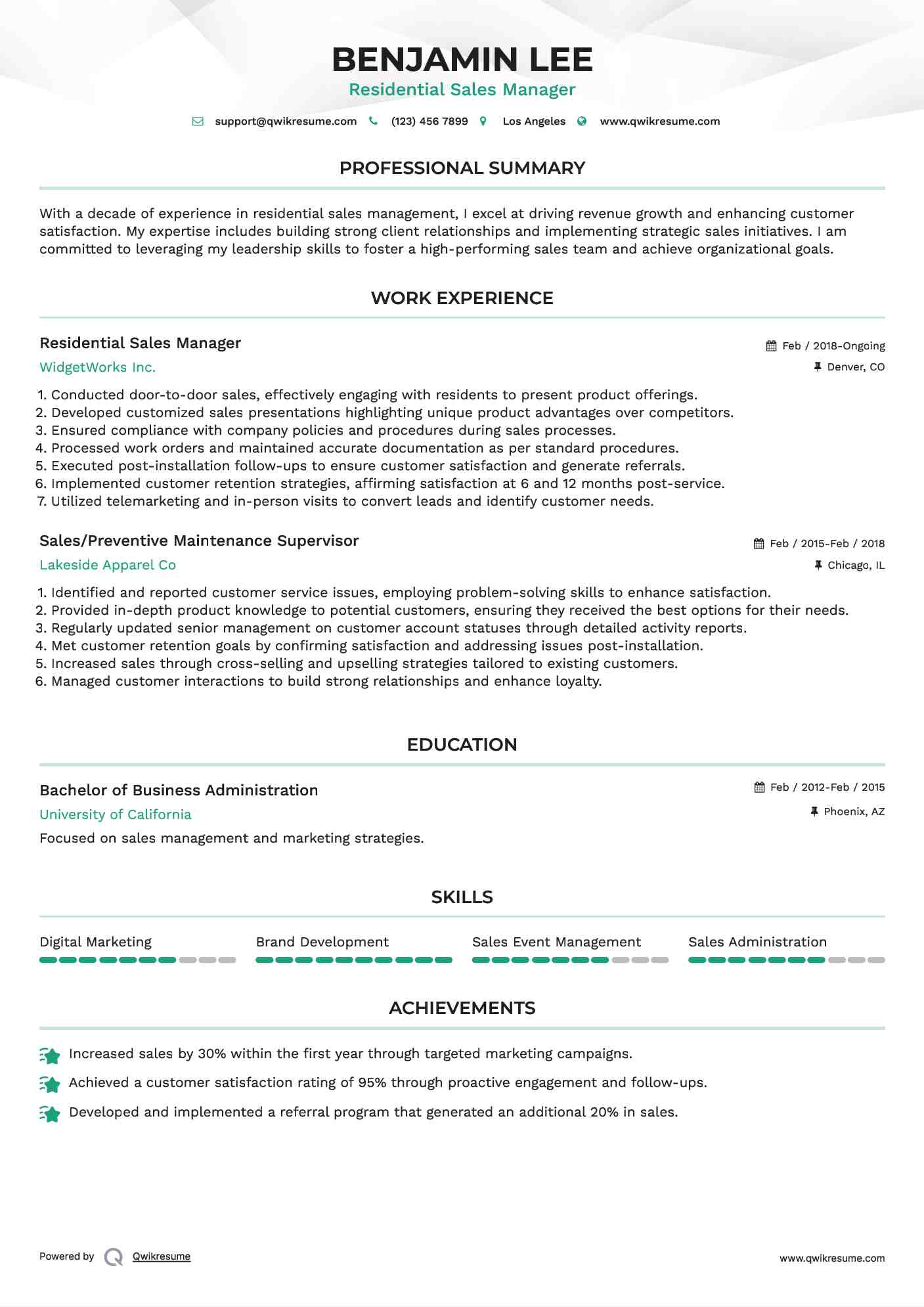 Residential Sales Manager Resume Model