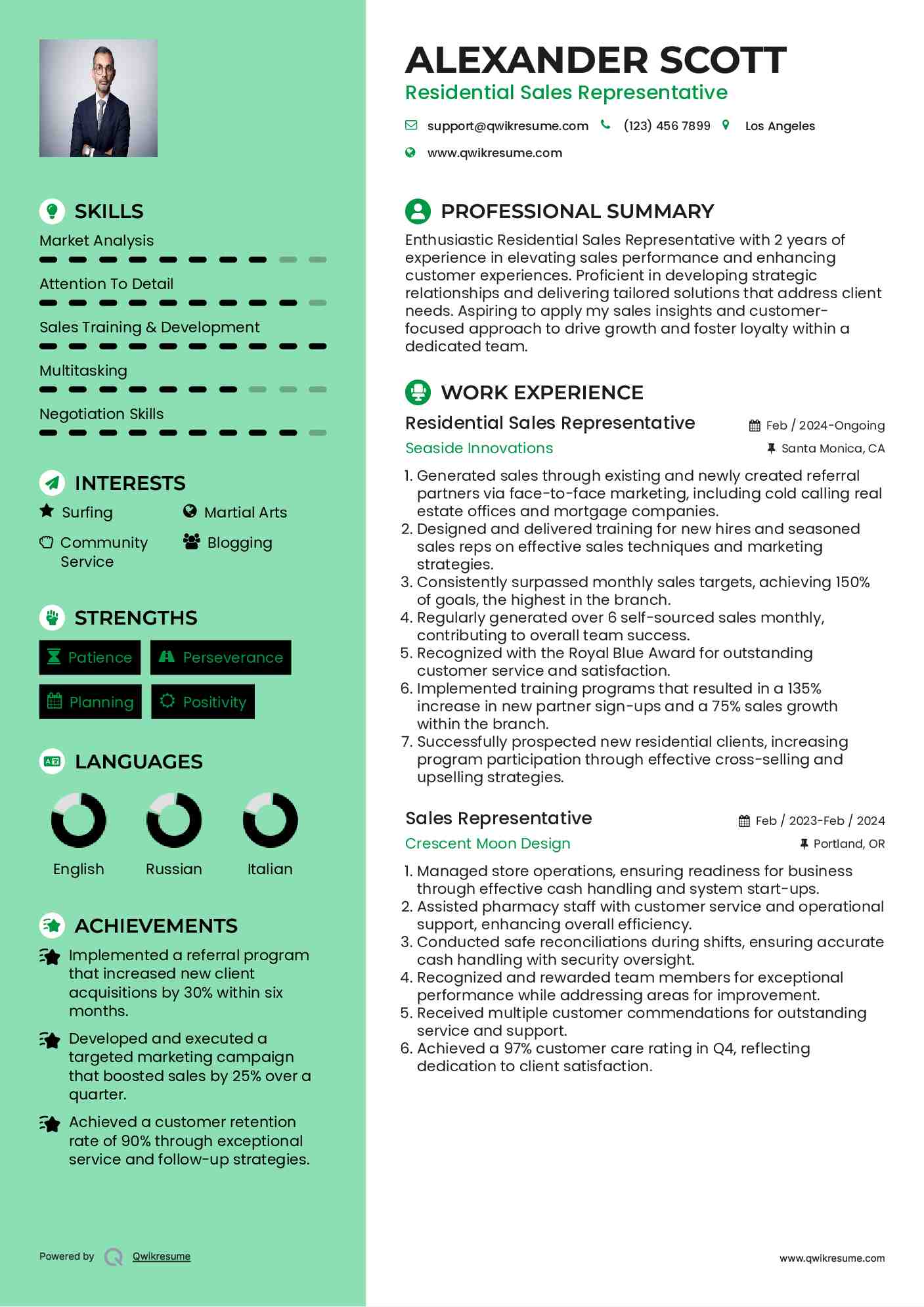 Residential Sales Representative Resume Template