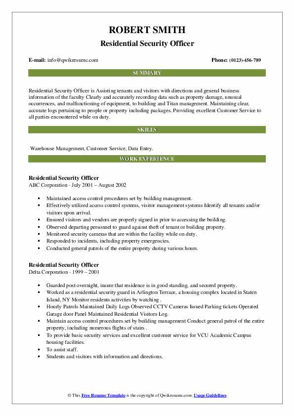 Residential Security Officer Resume Samples QwikResume