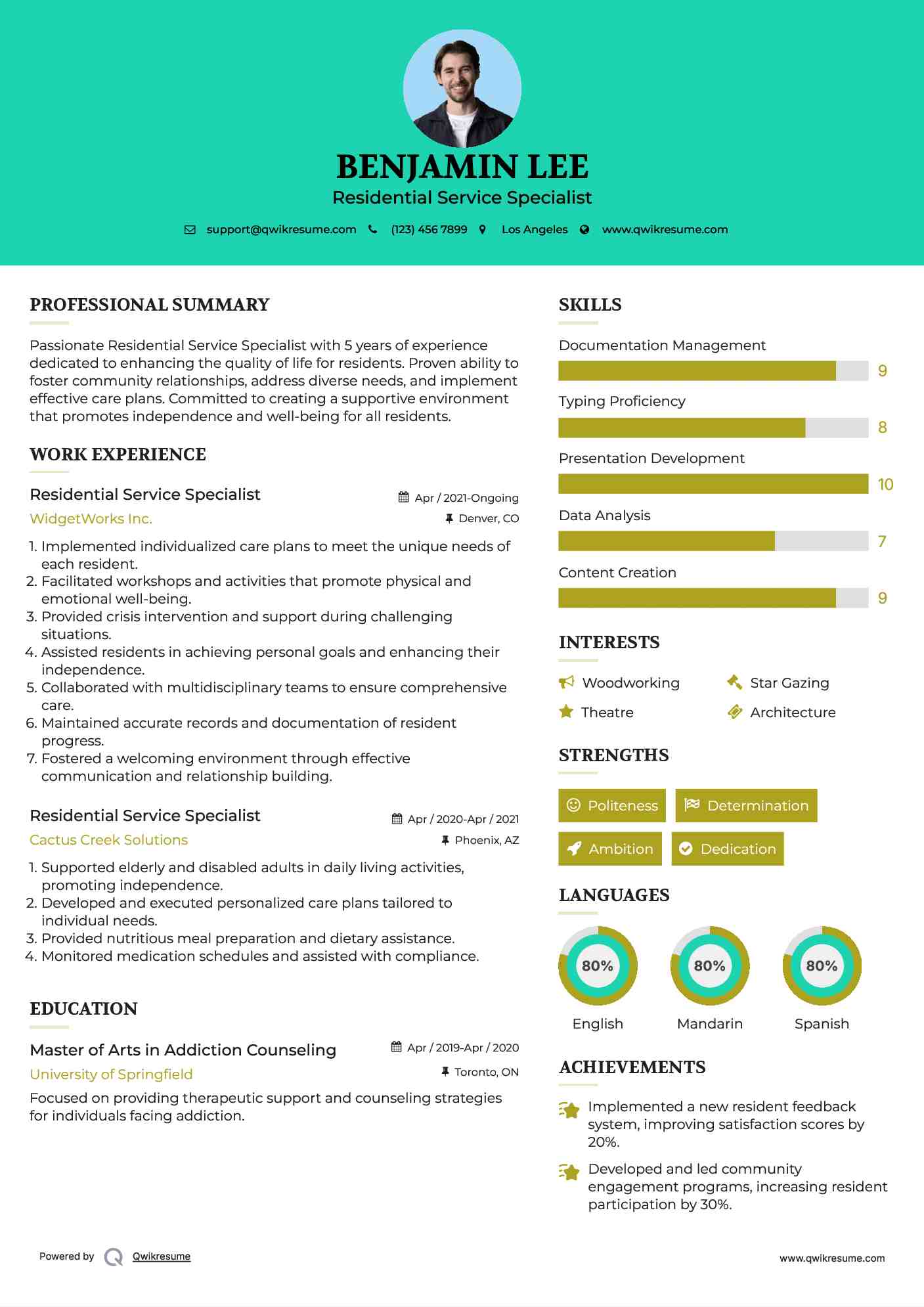 Residential Service Specialist Resume Sample