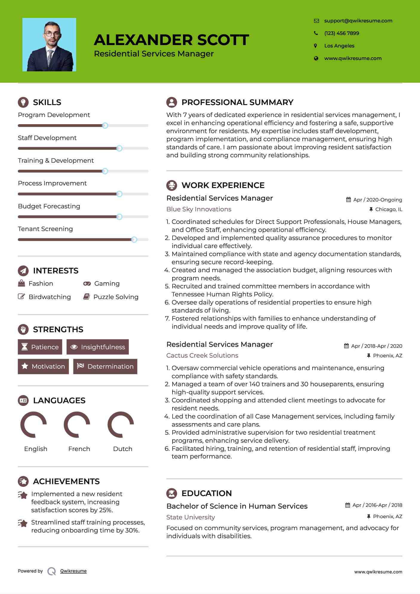 Residential Services Manager Resume Template