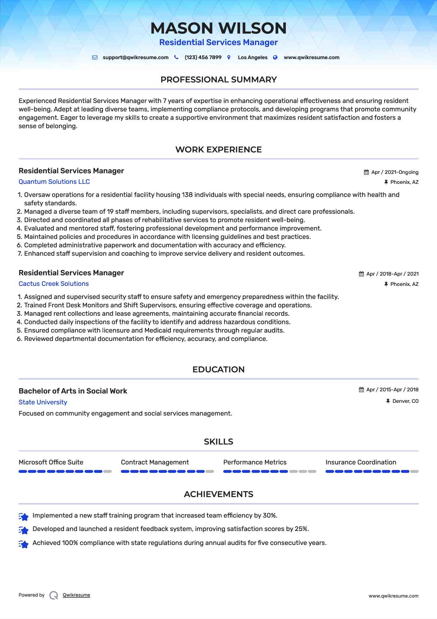 Residential Services Manager Resume Sample