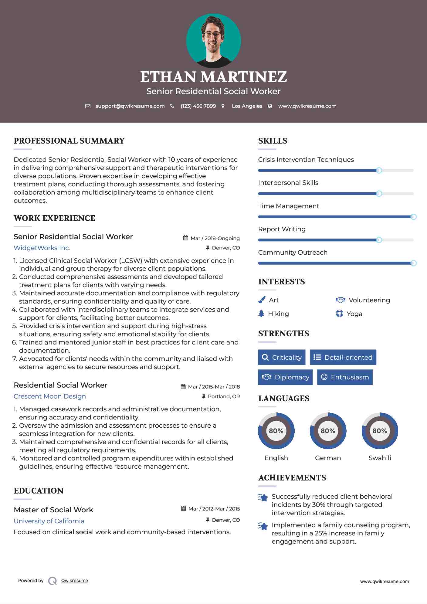 Senior Residential Social Worker Resume Sample