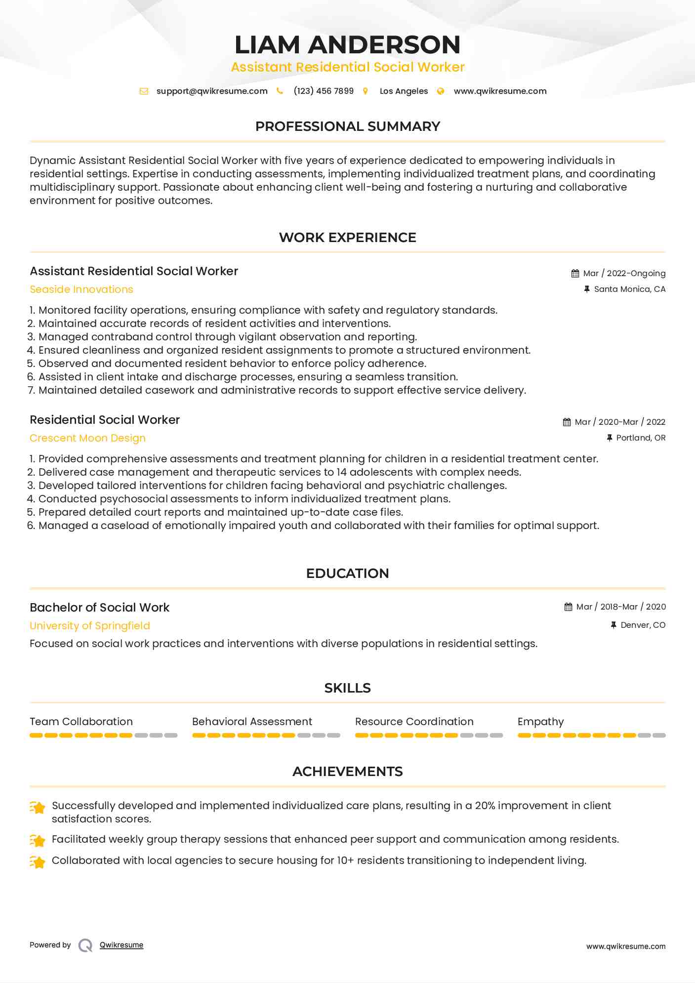 Assistant Residential Social Worker Resume Model