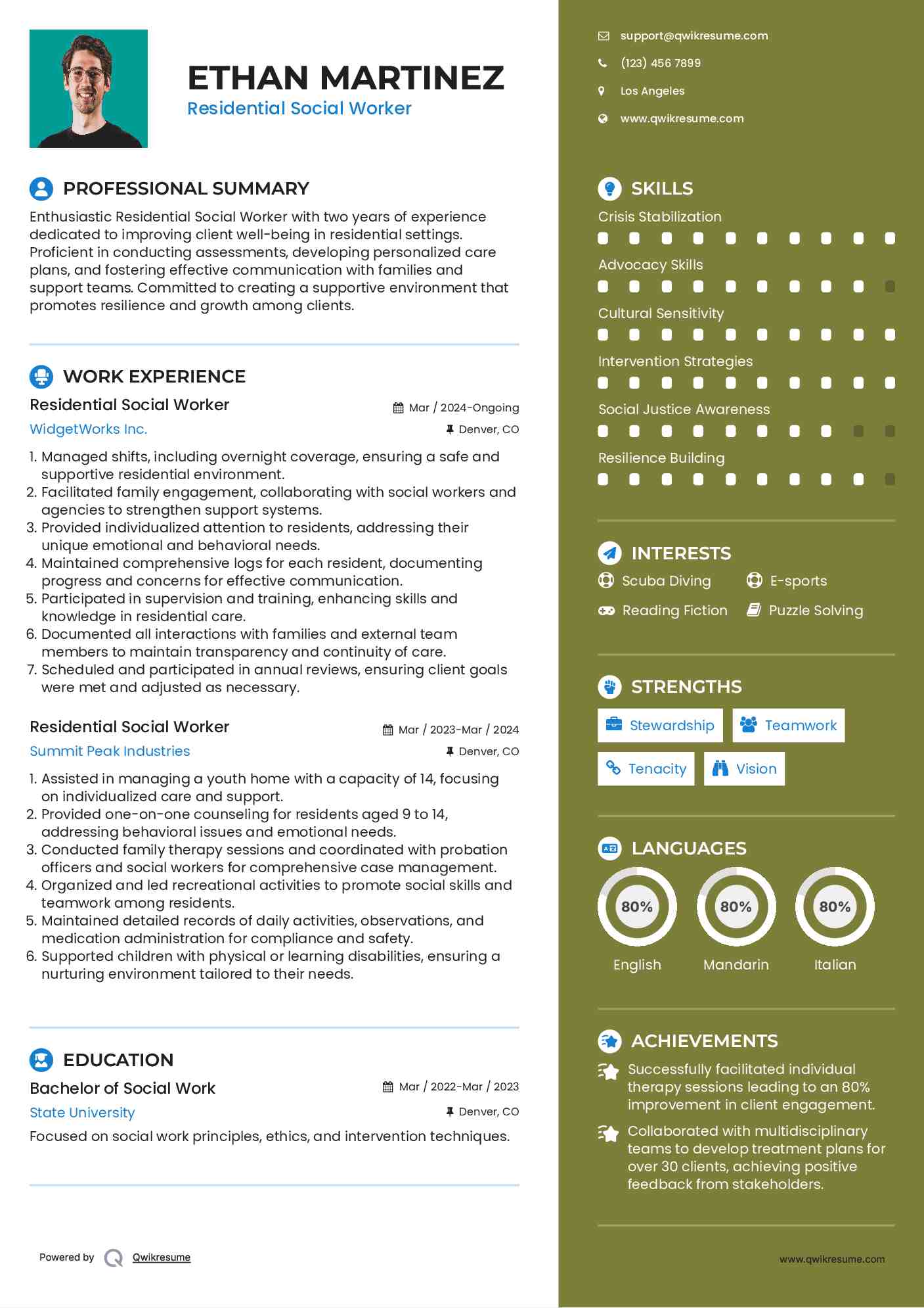 Residential Social Worker Resume Sample