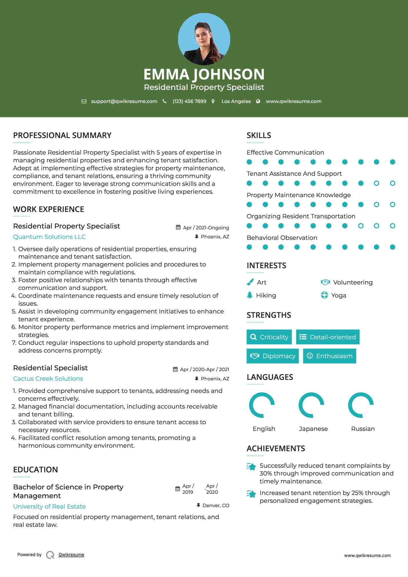 Residential Property Specialist Resume Format