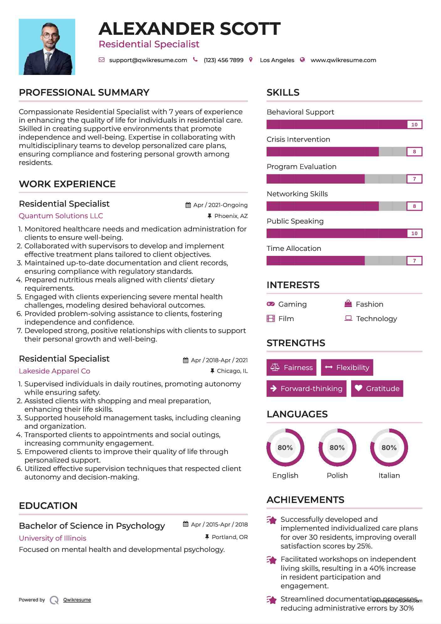 Residential Specialist Resume Example