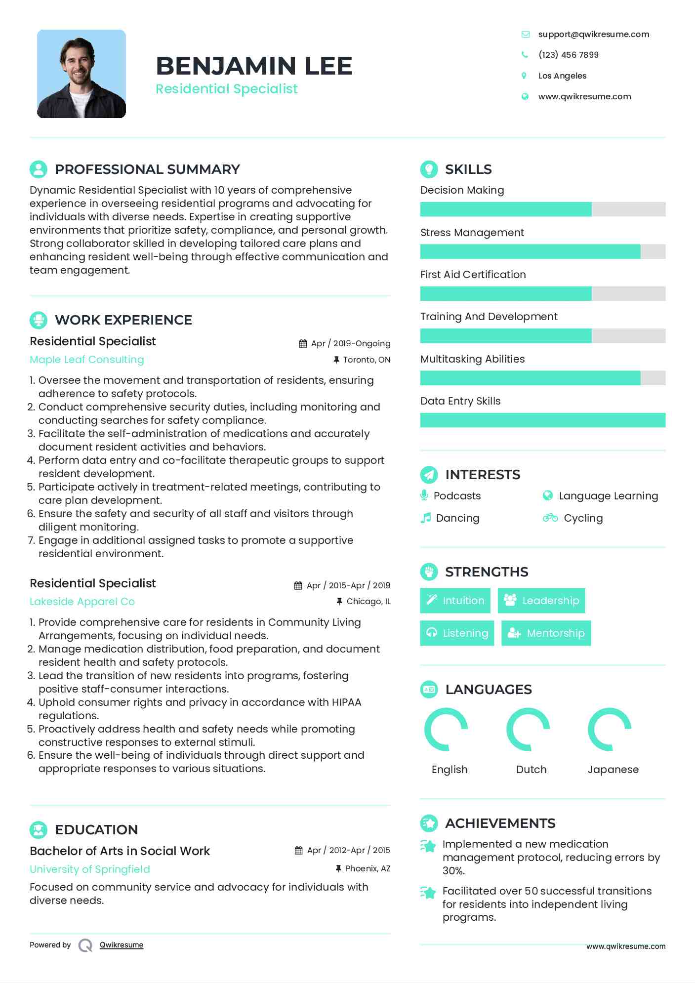 Residential Specialist Resume Model