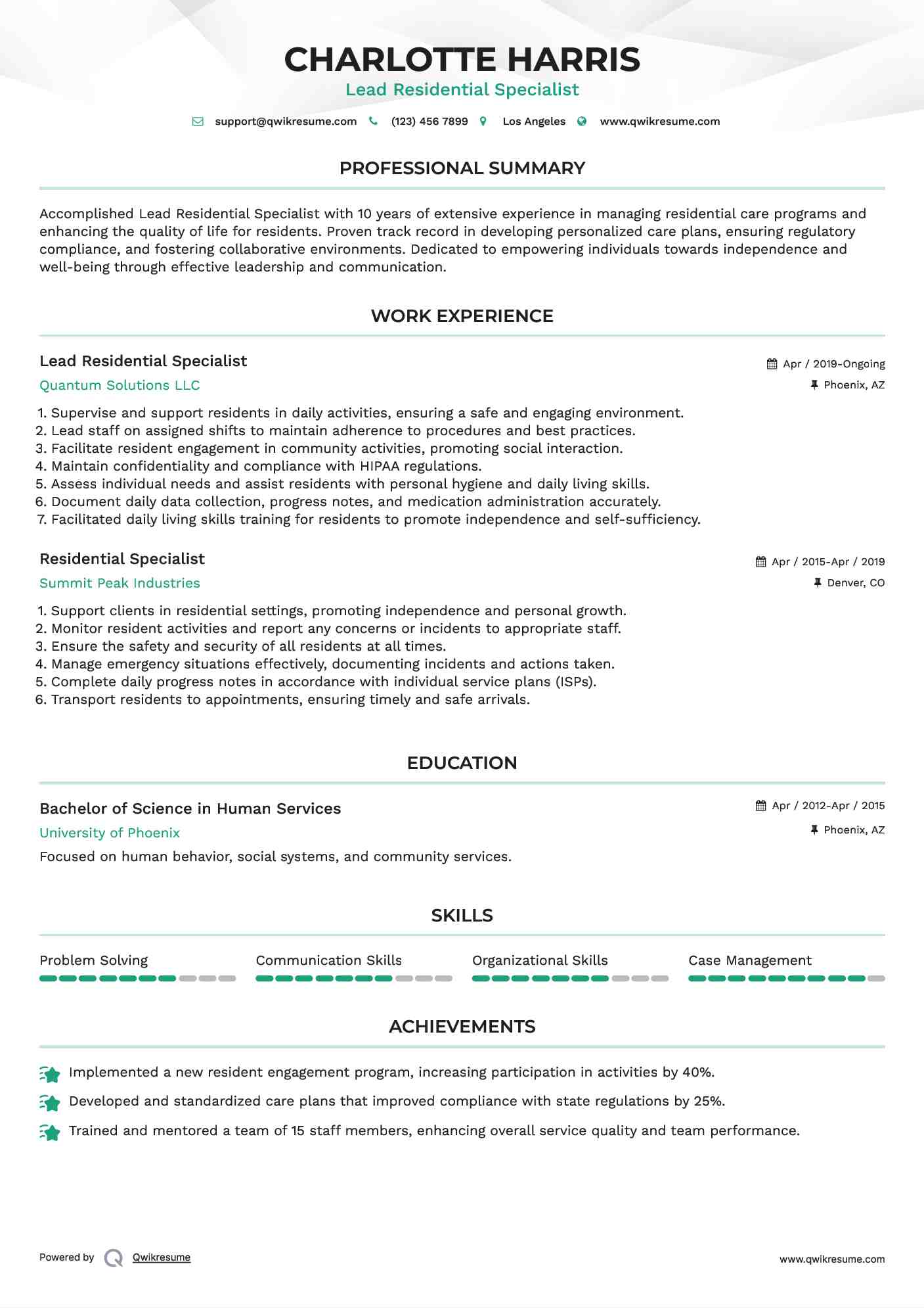Lead Residential Specialist Resume Template