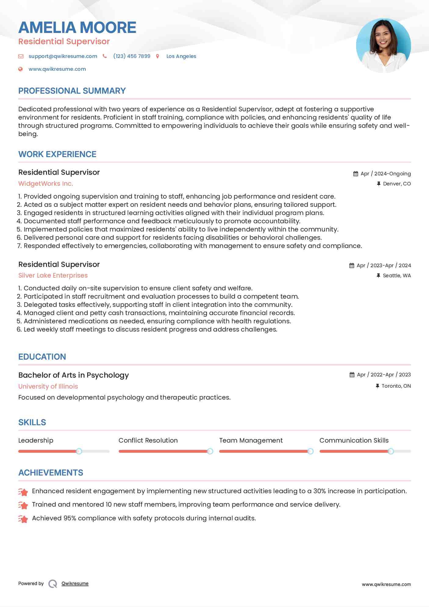 Residential Supervisor Resume Example