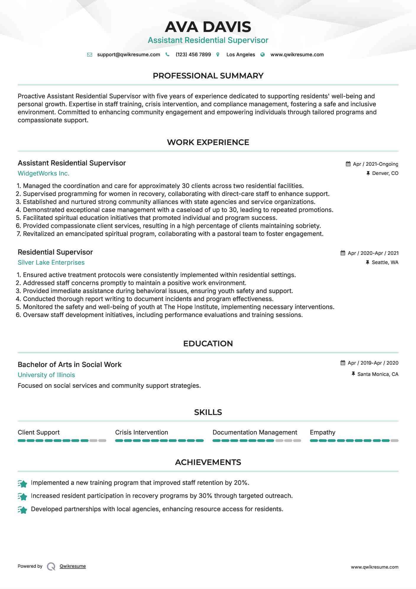 Assistant Residential Supervisor Resume Example