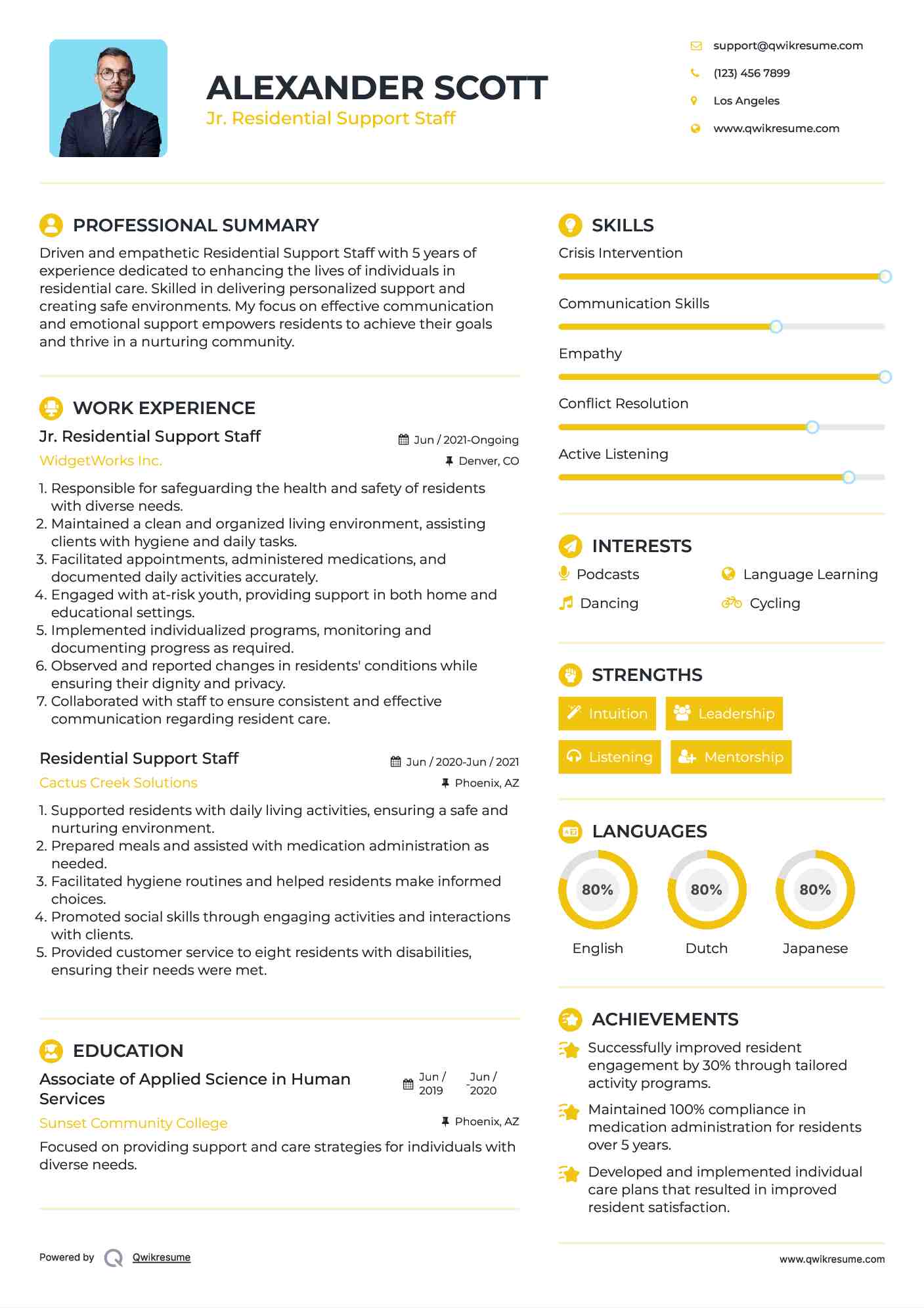 Jr. Residential Support Staff Resume Format