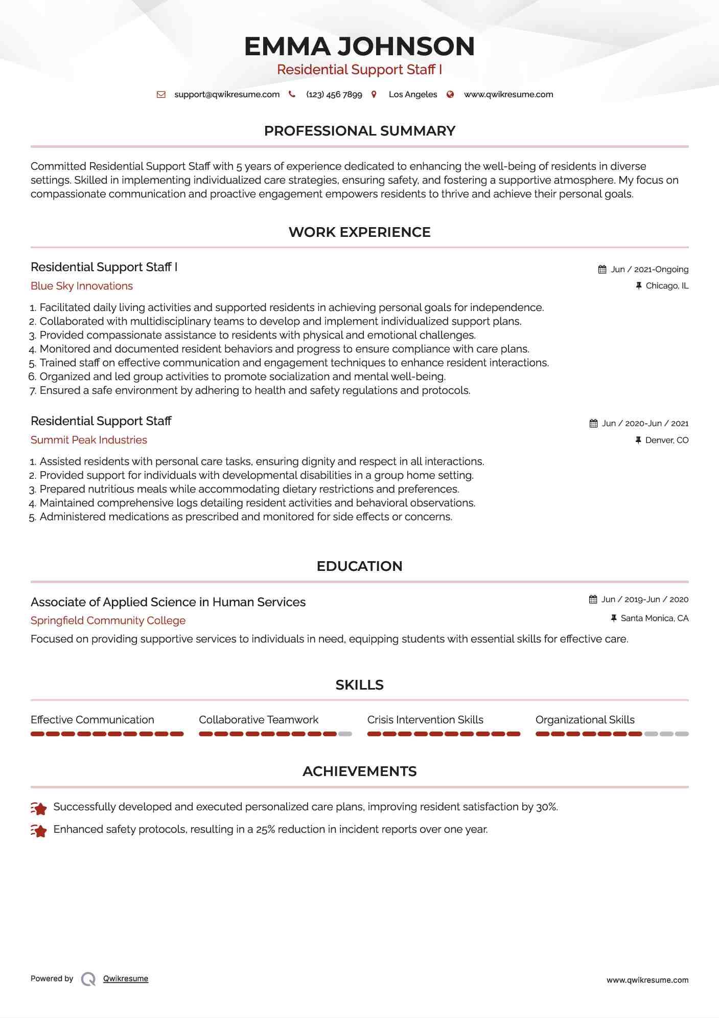 Residential Support Staff I Resume Format