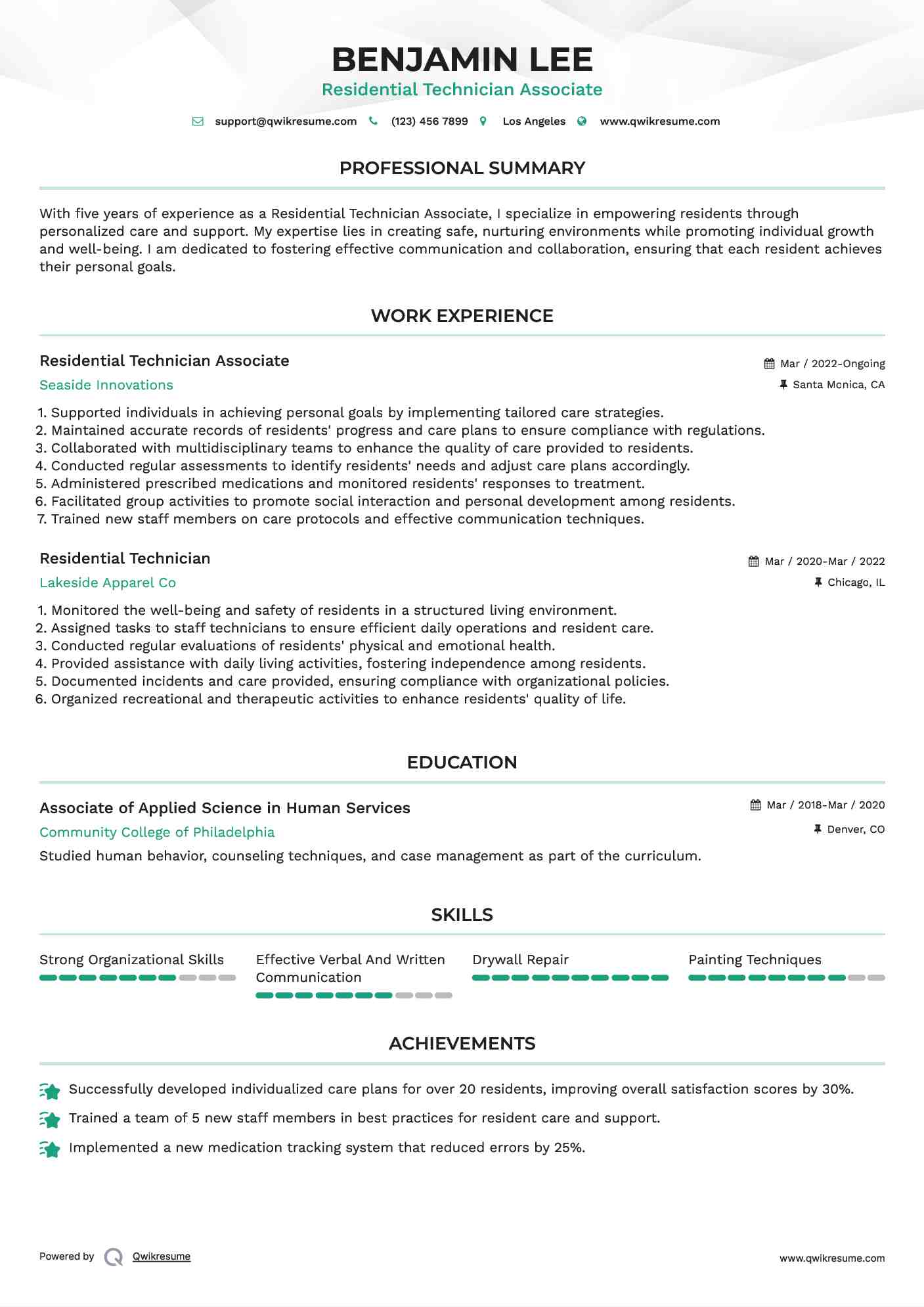 Residential Technician Associate Resume Model