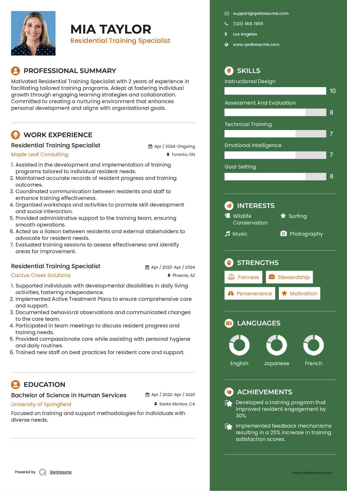 Residential Training Specialist Resume Format