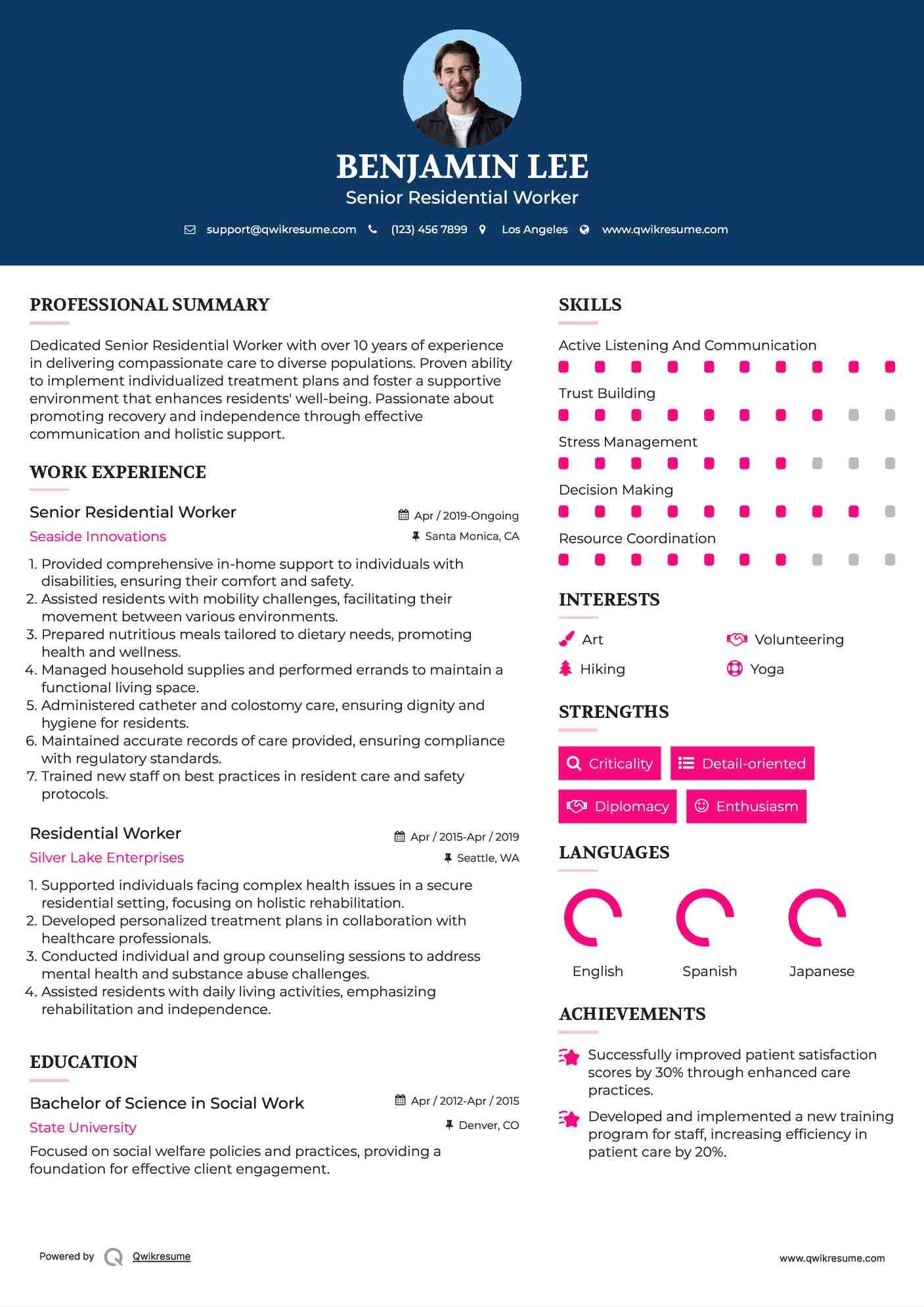 Senior Residential Worker Resume Format