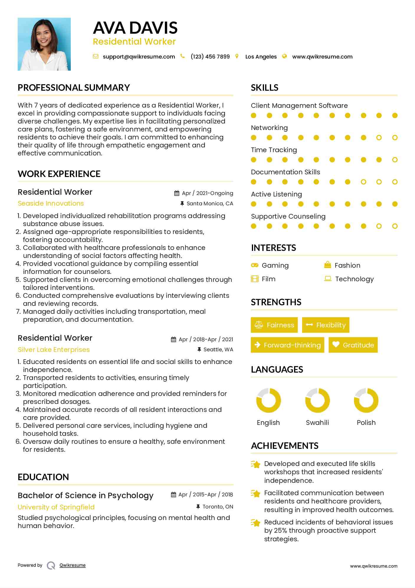 Residential Worker Resume Sample