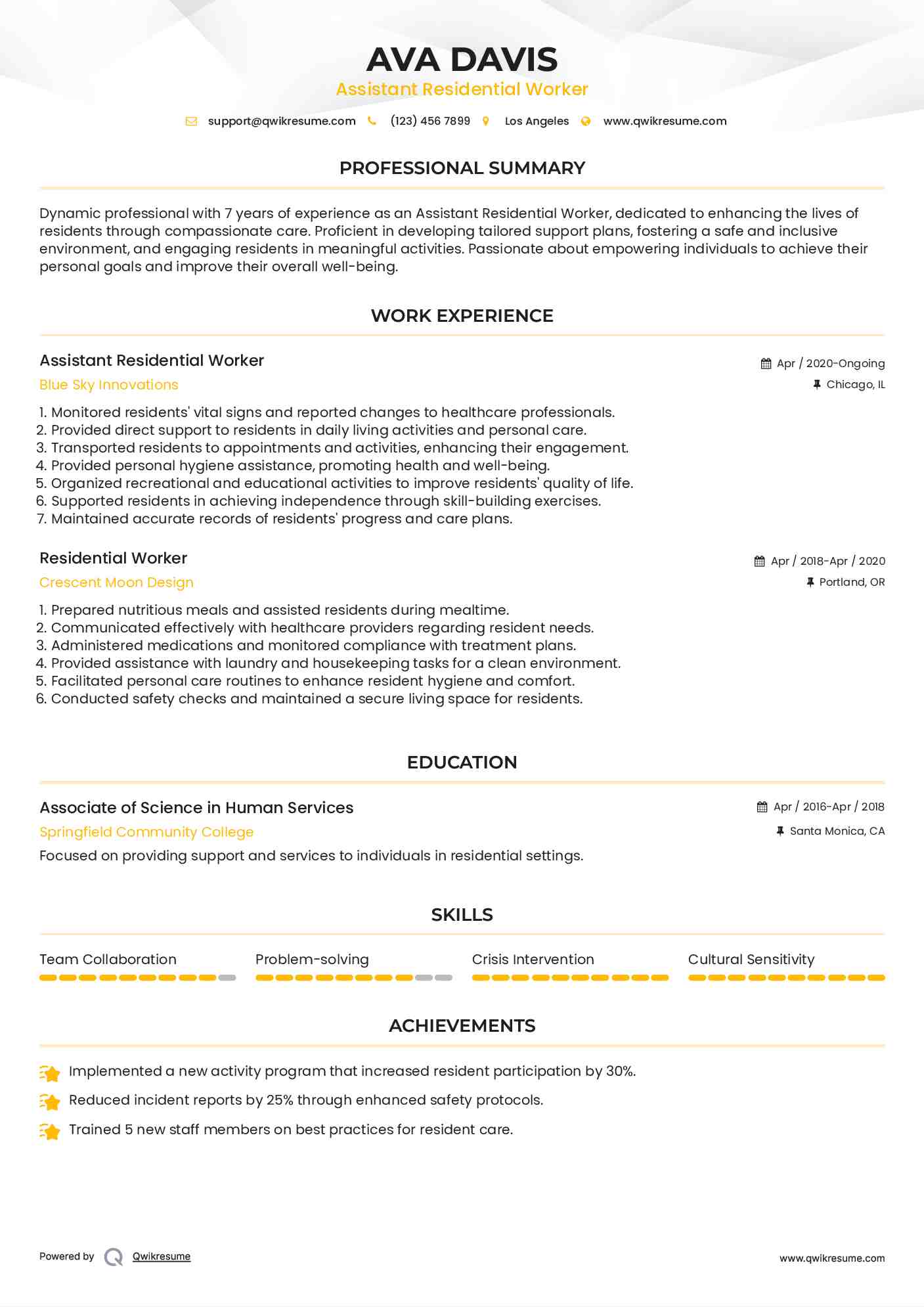 Assistant Residential Worker Resume Template